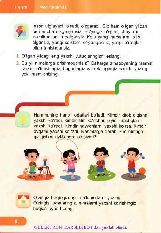 an yuklab olindi. bizning sezgi sezgi - insonning og'riqni, issiq yoki sovuqni his qilish qobiliyatidir. inson terisi orqali ham sezadi. terimizda juda kichik, ko'zga ko'rinmaydigan sezgir nuqtalar bor. ana shu nuqtalar qo'limiz tegib turgan narsaning silliq yoki dag‘alligi, iliq yoki muzdekligi, yumshoq yoki qattiqligi haqida miyaga xabar berib turadi. teri insonni xavf-xatardan ogohlantirib turadi. agar issiq choynakka tegib ketsangiz, qo'lingiz kuyadi, shu zahoti og'riqni sezib, qo‘lingizni tortib olasiz. yupun kiyimda sovuqda qolsangiz, shu zahoti sovqota boshlaysiz. teri miyaga xabar berib, issiq uyga tezroq kirish kerakligini aytadi. o - o @elektron_darslikbot dan yuklab olindi. siz bu narsalarni qaysi sezgi a’zolaringiz bilan o'rganasiz? tajriba. mavzu: “barmoqlaringiz bu jismlarni eslab qoladimi?” 0 ‘rtog‘ingiz yoki dugonangiz ko'zingizni bog‘lab qo'ysin. oldingizga har xil narsalar: o‘yinchoqlar, o'quv jihozlari, idishlar qo‘yishsin. har bir narsani qo'lingizga olib, barmoqlaringiz bilan paypaslab ko‘ring. lining shakli qandayligini, nimadan yasalganini aytib bering. endi siz o'sha narsalarni ko‘rmay turib taniy olasizmi? siz bu …