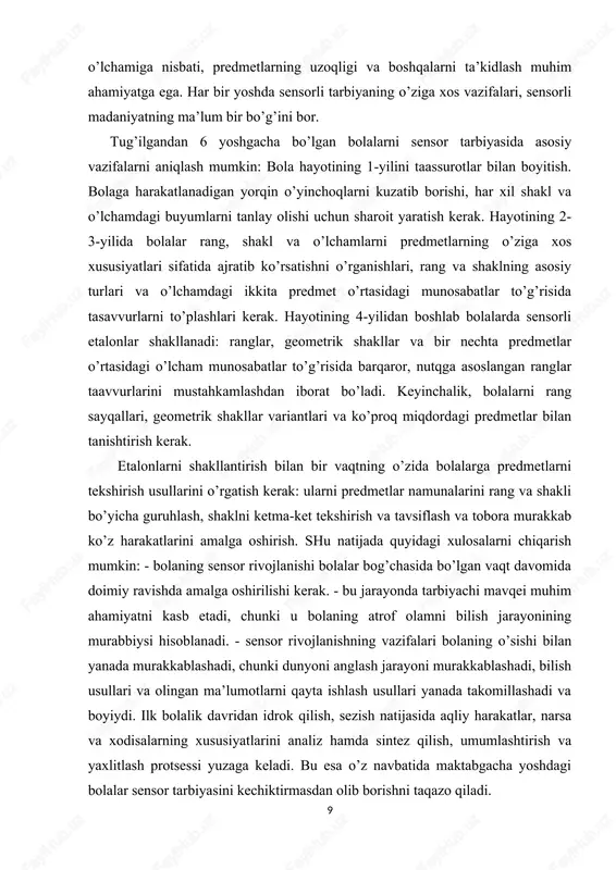 liz hamda sentez qilish, umumlashtirish, yaxlitlash hodisasi yuzaga keladi. bu esa bilish qobilyatining zarur sharti hisoblanadi. sensor harakatlarning rivojlanish darajasi bolaning qobilyatlari shakllanayotganida hamda muayyan bilimlarini va ayrim amaliy ko’nikmalarni egallash jarayonida muhim rol o’ynaydi. bolada ranglarni va shakllarni ajrata olish qobilyati shakllangan bo’lsa, tevarak-atrofdagi narsalarning xossalarini ko’ra oladi va his qiladi. bu esa bola biror voqeani tasvirlab aytib berishi, rasm chizishi, loydan nimalarnidir o’xshata olishi, qog’ozdan, matodan turli narsalar qirqishi – qurish – yasash ko’nikmalarini rivojlanishiga imkon beradi. mariya montesori texnologiyasi aynan shu fikrni olg'a su- ruvchi usullar majmuyi bo'lib, ma'nan yetuk, mustaqil fikrlovchi, intiluvchan shaxsni tarbiyalashda muhim o'rin tutadi. shifokorpedagog mariya montesori yaratgan maktabgacha ta’lim metodikasi maktab yoshidagi bolalarni tarbiyalash borasidagi barcha tizimlar orasida alohida ajralib turadi. agar ota-onalar o'z farzandlariga rahmdillik, mehr-muruvvat tuyg'ularini uyg'ota olmas ekanlar, u holda bolalar nafaqat begona odam- larga, balki o'z ota-onasiga ham hissiz bo'lib qoladilar. montesori metodikasi bo'yicha maktabgacha yoshdagi bolalarni sensor …