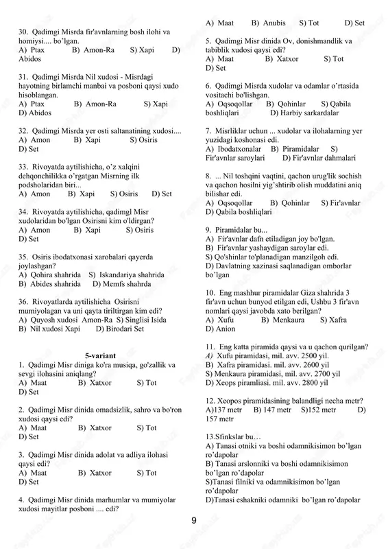 katta patriarxal oila d) qabila 20. «avesto»ga ko'ra jamiyatni idora qilish tizimi to'g'ri berilgan javobni toping a) oqsoqollar kengashi-xalq yig'ini-alohida tumanlar-viloyatlar hukmdorlari b) oqsoqollar kengashi-viloyat hukmdorlari-tuman hukmdorlari-xalq yig'ini s) xalq yig'ini-oqsoqollar kengashi-viloyat va tuman hukmdorlari d) xalq yigini- viloyat hukmdorlari-tuman hukmdorlari-oqsoqollar kengashi 21. «iyerixon» dehqonchilik manzilgohi qayerga joylashgan? a) iroqda b) falastinda s) eronda d) misrda 22. ilk sivilizatsiyalar davrida har xil tumanlar aholisini ittifoqlarga uyushuviga nima sabab bo'lgan edi? a) mamlakatdagi qo'zg'olonlarni bostirish zarurati b) dushmanlardan himoyalanish zarurati s) ochlikdan saqlanish zarurati d) birgalashib ov qilish zarurati 23. ilk sivilizatsiyalar davrida diniy marosimlar …. tomonidan ado etilardi. a) oqsoqollar b) qohinlar s) harbiy sarkardalar d) urug' boshliqlari 24. buyuk rim tarixchisi kvint kursiy ruf nechanchi asrda yashagan? a) mil.avv іі asrda b) mil. avv. і asrda s) milodiy і asrda d) milodiy іі asrda 6 25. bundan 5 ming yil muqaddam... a) o'rta osiyo hududida sivilizatsiyaning vujudga kelishi b) …