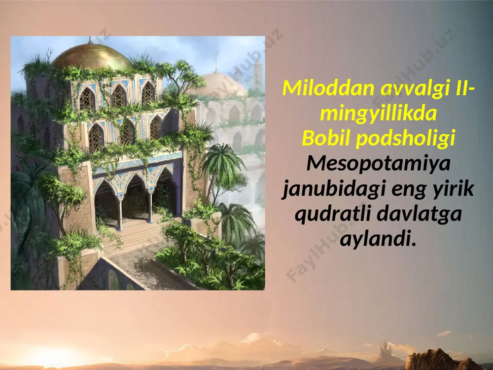 pshiriqlar 1. xaritadan bobil podsholigi va uning poytaxtini toping. 2. nima uchun bobil shahrini “xudolar darvozasi” deb atashgan? 3. qaysi hukmdor davrida va qachon bobil yagona davlatga aylandi? 4. xammurapi qonunlari qaysi maqsadda yaratilgan edi. bu qonunlar kimlarga mo‘ljallangan edi? 5. sizningcha nima sababdan hammurapi qonunlari bu qadar qa’tiy bo’lgan? 6. navuxodonosor ii hukmronligi davrida yangi bobil podsholigida qanday o’zgarishlar ro’y berdi? 7. bobil madaniyati haqida nimalarni bilasiz? image1.jpg image2.jpeg image3.jpeg image4.jpeg image5.emf image6.jpeg image7.jpeg image8.jpeg image9.jpeg image10.jpeg image11.jpeg image12.jpeg image13.png image14.jpeg image15.jpeg image16.jpeg