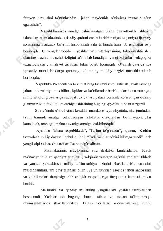 y ta’lim-tarbiya tizimini shakllantirish, zaminini mustahkamlash, uni davr talablari bilan uyg’unlashtirish asosida jahon andozalari va ko’nikmalari darajasiga olib chiqish maqsadlariga favqulotda katta ahamiyat berildi. ma’lumki har qanday millatning yangilanishi yoshlar tarbiyasidan boshlanadi. yoshlar esa bugungi kunda oilada va asosan ta’lim-tarbiya munossabatlarida shakillantiriladi. ta’lim vositalari o’quvchilarning ruhiy, jismoniy, genetik va mintaqaviy o’ziga xosliklarini to’liq hisobga olgandigana yuqori samaradorlikka erishish mumkin. respublika prezidentining tashabbusi bilan o’sib kelayotgan yosh avlodni jismoniy sog’lom , ma’naviy jihatdan barkamol qilib tarbiyalash, iste’dodini aniqlash va rag’batlantirish maqsadida “mahalla” , “kamolot” , “sog’lom avlod uchun” , “nuroniy” , “ulug’bek” , “umid” jamg’armalari tashkil etildi va ular ta’lim muassalari bilan hamkorlikda samarali faoliyat ko’rsatmoqdalar. respublika iqtisodiyoti uchun har bir so’m o’ta zarur bo’lib turgan sharoitda yosh avlodning kelajagiga astoydil ishongan, uning insoniy kamolatini ta’minlashga intiluvchi, farzandlarimizga o’zgalar havas qiladigan darajadagi ozod va obod vatan qoldirishni maqsad va shior qilib olgan. ta’lim-tarbiya berish jarayonida xalq og’zaki ijodidan foydalanish ham juda …