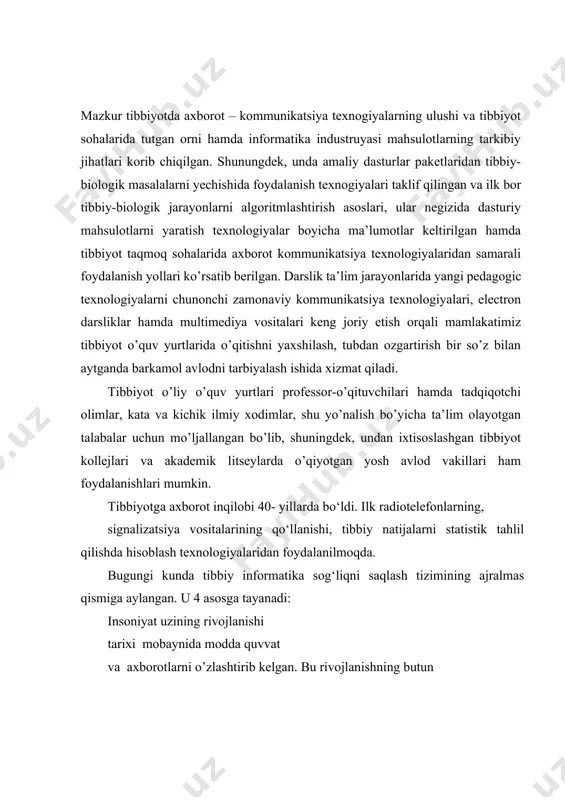lashtirib kelgan. bu rivojlanishning butun bir davrlari shu bosqichning ilgor texnologiyasi nomi bilan atalgan. masalan: «tosh asr»– mehnat quroli yasash uchun toshga ishlov berish texnologiyasini egallash bosqichi, «kitob chop etish asri» - axborotni tarqatishni yangi usulini o’zlashtirish bosqichi, «elektr asri» - quvvatning yangi turlarini o’zlashtirish bosqichi shular jumlasidandir. bundan 50-60 yillar ilgari «atom asri» boshlandi deyilgan bo’lsa, hozirgi kunda «ehm asri» deb aytiladi. biz yangi «informatika» fanining o’rgana boshlaymiz. «informatika fani»ning kelib chiqishi uning uch tarkibiy qismi algoritm, dastur va hisoblash vositalarini paydo bo’lishi va rivojlanishi bilan bog’liq. informatika axborotlarni ehm yordamida tasvirlash, saqlab turish, uzatish va ishlov berish usullarini o’rganadigan fandir. yangi kurslar umuman olganda, tibbiy kasb talabalar uchun o‘quv zarur, deb taxmin jo‘shqinlik bilan uchrashmagan. narsa, o‘qituvchilar va talabalar kichik guruh majlislarida haqida ko‘proq to‘xtalishi kerak, ma'ruza vaqtni kamaytirish va ko‘proq bo‘sh vaqt uchun zarur bo‘lsa muammoni va ifodasini hal qilish. amerika tibbiyot kollejlari uyushmasi tomonidan 1984 milliy …
