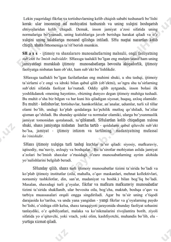 atgichi ham yuqori bo’lib (p 0.7), egizak bo’lmaganlardan ancha farq qiladi (p 0.3 – 0.4). galьtondan keyingi tadqiqotlarda musiqaga bo’lgan qobiliyatga ona tilining xususiyati ta’sir qilishi aniqlandi: yumshoq - tonal yoki keskir - tonal bo’lmagan tillar. masalan, keskinroq hisoblangan rus tilida gapiruvchi bolalardagi musiqani idrok qilish yumshok, tonal tillarda so’zlashuvchi vьetnamliklarning idrokidan ancha past chiqqan. lekin yuqoridagi fikrlar va tortishuvlarning kelib chiqish sababi tushunarli bo’lishi kerak: ular insonning asl mohiyatini tushunish va uning xulqini boshqarish ehtiyojlaridan kelib chiqadi. demak, inson jamiyat a’zosi sifatida uning normalariga bo’ysunadi, uning kutishlariga javob berishga harakat qiladi va o’z xulqini uning talablariga monand qilishga intiladi. shu nuqtai nazardan kelib chiqib, shaxs fenomeniga ta’rif berish mumkin. sh a x s - ijtimoiy va shaxslararo munosabatlarning mahsulii, ongli faoliyatning sub’ekti bo’lmish individdir. shaxsga taalukli bo’lgan eng muhim tasnif ham uning jamiyatdagi murakkab ijtimoiy munosabatlarga bevosita aloqadorlik, ijtimoiy faoliyatga nisbatan ham ob’ekt, ham sub’ekt bo’lishlikdir. shaxsga taallukli bo’lgan …