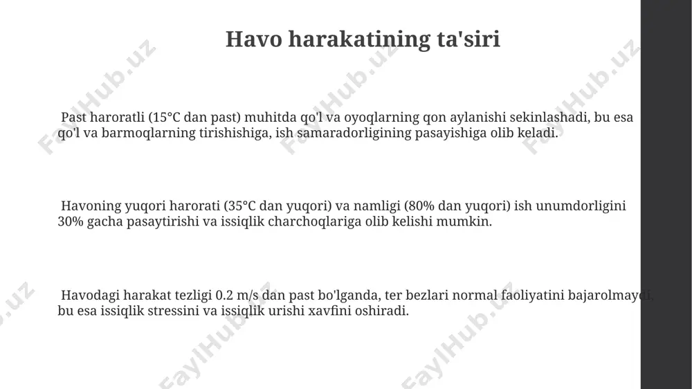 ishi va stress gormonlari darajasini ko‘tarishi mumkin. 110 desibel va undan yuqori shovqin darajasi qisqa muddat ichida ham eshitishning doimiy yo‘qolishiga olib kelishi mumkin, bu esa ish samaradorligiga salbiy ta'sir qiladi. stress va charchoq stress va charchoqning asosiy sabablaridan biri - havo almashinuvining yetarli emasligi bo'lib, bu co2 darajasining 1000 ppm dan oshishiga va ish samaradorligining pasayishiga olib keladi. ish joyidagi mikroiqlimning noqulay sharoitlari, masalan, 25°c dan yuqori harorat va 70% dan yuqori namlik, stress va charchoqni 30% ga oshirishi mumkin. noqulay mikroiqlim sharoitida ishlaydigan xodimlarda, sog'lom ish sharoitlarida ishlaydiganlarga nisbatan, yurak-qon tomir kasalliklari xavfi 15% ga yuqori bo'lishi kuzatilgan, bu esa stress va charchoq bilan bog'liq. haroratning ta'siri sovuq harorat (15°c dan past) mushaklarning qisqarishi, qon aylanishining sekinlashuvi va sogʻliqqa salbiy taʼsir koʻrsatuvchi sovuqqa chidamlilikni pasayishiga olib keladi. haroratning 20-24°c oraligʻida boʻlishi optimal ish unumdorligi uchun zarur boʻlib, tananing termoregulyatsiya tizimiga minimal yuklamani taʼminlaydi. yuqori harorat (30°c dan yuqori) …