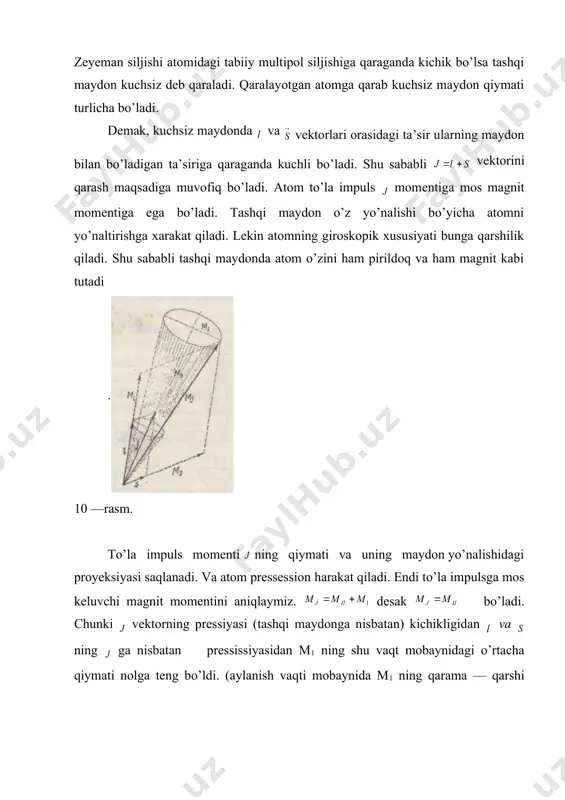 ng ga nisbatan pressissiyasidan m1 ning shu vaqt mobaynidagi o’rtacha qiymati nolga teng bo’ldi. (aylanish vaqti mobaynida m1 ning qarama — qarshi ishoraliqiymatlari hisobiga) bu erda linde koeffitsenti deyiladi. shunday qilib, g — linde koeffitsenti murakkab zeyeman effektida asosiy rolni o’ynaydi. endi tashqi maydon ta’sirida energetik sath o’zgarishini topsak , m=j…-j magnit kvant soni. demak har bir sath magnit maydonida 2j+1sathga ajraladi. ya’ni 2s1/2 holat 2 ta sathga, 2p3/2 - holat 4 ta sathga ajraladi. endi tashqi maydon ta’sirida nurlanish chastotasining o’zgarishini topsak bo’ladi. bu anomal zeyeman effektida chastota o’zgarishi formulasidir. bu jarayonda magnit kvant sonini tanlash qoidasi bo’ladi. 11 — rasm. na elementi dubletining ajralishini ko’ramiz. endi ajralish qiymatlarini topsak. 1) d1 — chizig’i uchun 2p1/2 – 2p1/2 : (bu yerda 2—dublet holatini bildiradi) boshlang’ich holat: m=1/2, -1/2; mg=+1/3, -1/3. oxirgi holat mg=+1, -1. siljishi yoki 2) d2 —chizig’i 2p3/2, -2p1/2 boshlang’ich holat : m=+3/2,+1/2,-1/2,-3/2; mg=+6/3,+2/3,-2/3,-6/3. oxirgi holat mg=+1,-1 …