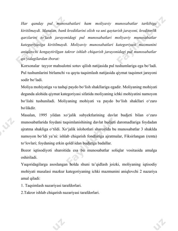 igini e’tirof etadi: 1. xo‘jalik yuritish jarayonini pul mabla\lari bilan ta’minlash; 2. nazorat 3. taqsimlash. 1. a.m. aleksandrov va e.a. voznesenskiy tasdiqlaydiki moliya quyidagi funksiyalarni bajaradi: 2. pul fondlarini shakllantirish. 3. shakllantirilgan pul fondlaridan foydalanish 4. nazorat. i.t. balabanovning fikriga ko‘ra bozor iqtisodiyoti sharoitida moliyaning taqsimlash funksiyasi o‘zining mazmunini yukotadi. iqtisodchi v.m. rodionovaning fikriga ko‘ra moliya taqsimlash va nazorat funksiyalarni bajaradi. hozirgi sharoitda o‘zbekistonlik iqtisodchi olimlar moliyaning taqsimlash va nazorat qilish funksiyalarini bajarishini e’tirof etishadi. iqtisodiy subyektlarning asosiy manfati foyda olish hisoblanadi. foyda markazlashtirilmagan pul fondlarining asosiy moliyaviy manbai hisoblanadi. bozor iqtisodiyoti sharoitida mulkchilikning ko‘p ukladli shakllarini paydo bo‘lishi va bozor iqtisodiyotining amal qilishi to‘liq iqtisodiy mustaqillikni ta’minlovchi demokratik tizimni shakllantirishni obyektiv zarur qilib kuyadi. bunday sharoitda iqtisodiy subyektlar faoliyatining moliyaviy natijalari ya’ni tadbirkorlik foydasini taqsimlash ular tomonidan qabul qilinadigan moliyaviy qarorlarga bo\liqdir. savol tu\iladi. turli darajadagi ko‘p sonli fondlarni shakllantirishning asosiy moliyaviy manbalari nima hisoblanadi. albatta bunda makrodarajada yalpi …