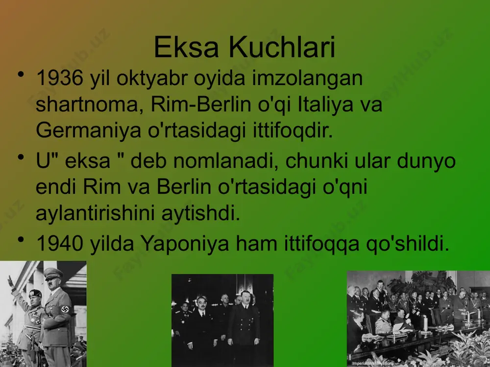 uning uchun o'z vazifalarimizga rioya qilaylik va shunday qilib, agar britaniya imperiyasi va uning hamdo'stligi ming yil davom etsa, erkaklar hali ham: 'bu ularning eng yaxshi soati edi'---uinston cherchill rossiyaga bostirib kirish 1941 yil 22- iyunda barbarossa operatsiyasi sovet ittifoqiga bostirib kirish uchun nemis rejasi nomi edi. bosqin fashistlarga kavkazning neft konlarini, ukrainaning qishloq xo'jaligi yerlarini va g'arbiy rossiyaning sanoat mintaqalarini oladi deb umid qilingan edi. gitler hujumning bir qismi sifatida 3,2 million kishini sovet chegarasiga ko'chirdi. nemislar rossiyaga chuqur kirib boradilar, ammo sovuq ruslarni qo'riqlaydi. nemislar 1941 yil oxiriga kelib moskvadan 20 milya masofada bo'ladi. 3 yildan keyin nemislar orqaga qaytishni boshlaydilar va rus qo'shinlari tomonidan bosib olinadi. bu gitlerning eng katta xatosi bo'ladi. rossiyaga bostirib kirish 1940 yilgi saylov yaqinlashib kelayotgan urush tufayli demokratlar yana uchinchi muddatga fdr nomzodini qo'yishdi. respublikachilar vendell uillkini yangi bitim barbod bo'layotgani va fdr bizni urushga olib borishi haqida platformada nomzod qilib ko'rsatmoqdalar. …