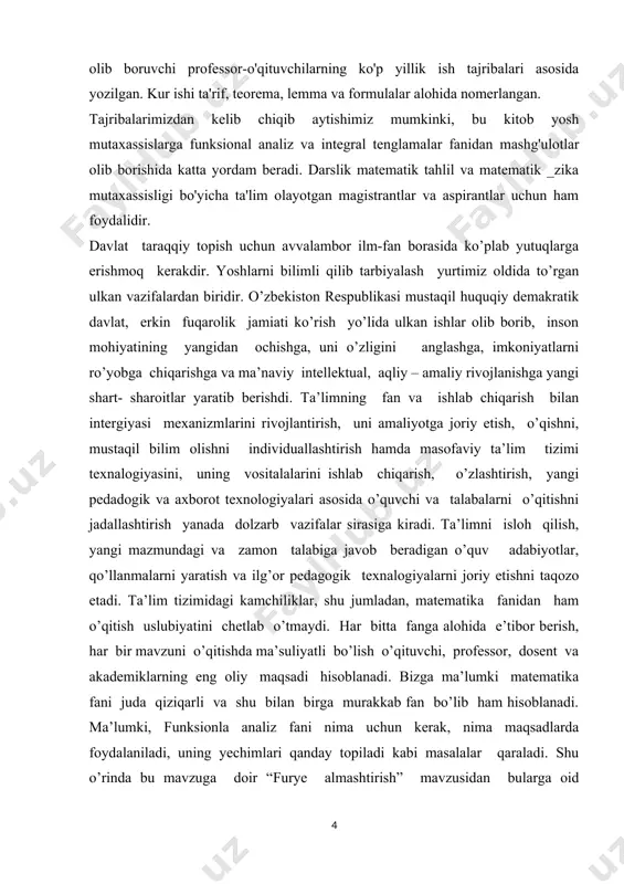 i asosan 4 ga bo’linadi: i. kirish, ii. asosiy qism, iii. xulosa, iv. foydalanilgan adabiyotlar ro’yxati, hamda ilovadan iborat bo’ldi. matematika sohasidagi ta’lim sifatini oshirish va ilmiy - tadqiqotlarni rivojlantirish chora-tadbirlari to’g’risida qarori. mamlakatimizda matematika 2020- yildagi ilm – fanni rivojlantirishning ustuvor yo’nalishlaridan biri sifatida belgilandi. o’tgan davr ichida matematika ilm – fani va ta’limini yangi sifat bosqichiga olib chiqishga qaratilgan qator tizimli ishlar amalga oshirildi. birinchidan, ilg’or ilmiy markazlarda faoliyat yuritayotgan vatandosh matematik olimlarning taklif qilinishi va xalqaro ilmiy- tadqiqotlar olib borilishi uchun zarur shart- sharoit yaratildi. ikkinchidan, xalqaro fan olimpiyadalarida g’olib bo’lgan yoshlarimiz va ularning murabbiy ustozlari mehnatini rag’batlantirish tizimi joriy etildi. uchinchidan, oliy ta’lim va ilmiy- tadqiqotlarning o’zaro integratsiyalashuvini ta’minlash maqsadida talabalar shaharchasi fanlar akademiyasining b.i .romanovskiy nomidagi matematika institutining yangi va zamonaviy binosi barpo etildi. matematika sohasidagi fundamental tadqiqotlarni moliyalashtirish hajmi bir yarim barobarga oshirildi, budjet mablag’lari hisobidan superkompyuter, zamonaviy texnika va asbob uskunalar harid qilindi. …