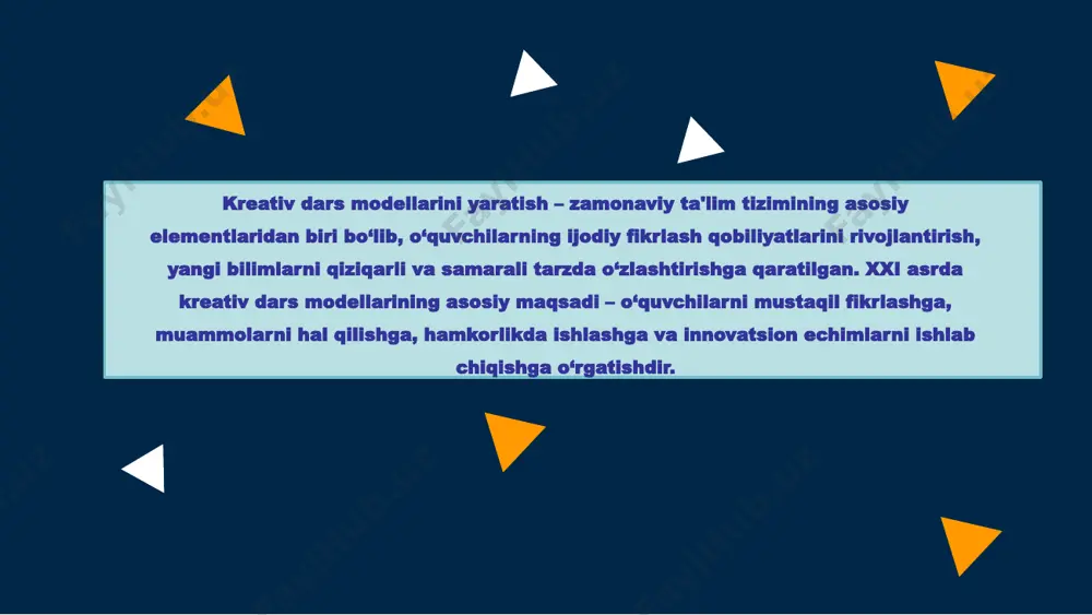 volini berish usuli qo‘llaniladi. bu o‘quvchilarni muammoning sabablarini izlashga va yangi g‘oyalar yaratishga undaydi. yangi fikrlar ishlab chiqishda mavjud narsalarni o‘xshashliklar orqali tushuntirish. bu usul yangi narsalarni oddiyroq tushunishga yordam beradi. analogiyalar usuli mashq qilish usuli "ochiq maydon" "ochiq maydon" usuli – ijodkorlikni rivojlantirishga qaratilgan samarali mashq turi bo‘lib, o‘quvchilarga yangi g‘oyalarni yaratishda to‘liq erkinlik beriladi. ushbu usul o‘quvchilarni yangi fikrlar ishlab chiqish jarayoniga jalb qiladi. o‘quvchilarga aniq bir mavzu yoki muammo taqdim etiladi. ularga hech qanday cheklov qo‘yilmaydi – g‘oyalar erkinligi ta'minlanadi. har bir ishtirokchi o‘z fikrlarini yozma yoki og‘zaki tarzda ifodalaydi. o‘quvchilarning barcha takliflari ko‘rib chiqiladi va qabul qilinadi. masalan mavzu-> “kelajakdagi maktablar qanday bo‘ladi?” har bir o‘quvchi o‘z g‘oyasini taklif qiladi (masalan, robotlar o‘qituvchi bo‘lishi, onlayn laboratoriyalar). keyin ularning takliflari tahlil qilinadi va eng qiziqarli g‘oyalar tanlanadi. mashqning mohiyati: foydali jihatlari: o‘quvchilarning fikrlash erkinligi ta'minlanadi. g‘oyalarni intuitiv va tezkor izlash imkoniyati yaratiladi. yangi va innovatsion fikrlar rivojlantiriladi. …