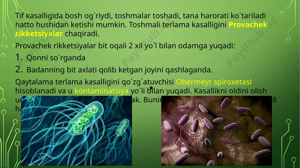 tirik to'qimalar bilan oziqlanib, o'ziga yo'llar ochadi va to'qimalarni suyakkacha yeb boradi. volfrat pashshasi mamlakatimizning o'rta va janubiy qismida uchraydi. ular miaz kasalligini keltirib chiqaradi. uy pashshasi (musca domestica) aholi turar joylari, tomorqadagi binolarda, molxonalarda yashaydi. pashshalar, ayniqsa, oshqozon-ichak kasalligini, ich terlama, ichburug' kasalliklarini tarqatishda katta rol o'ynaydi. pashsha sil kasalini, kuydirgi, vabo kasalliklarini ham tarqatadi. bundan tashqari, pashshalar gelmintlar tuxumini, odamda parazitlik qiladigan sodda hayvonlaming sista- larini tashib yuradi. demak, uy pashshasi bir qancha yuqumli kasalliklaming chaqiruvchilarini mexanik usulda tarqatadi. ozuqa yoki suv bilan yutib yuborilgan uy pashshalarining lichinkalari ichak miazlariga sababchi bo'ladi. bu holda ular ichak epiteliyalari bilan oziqlanadi. so`nalar so'nalarning bir necha turi odamda yashashi mumkin. oshqozon, teri va bo'shliq so'nalari shular jumlasiga kiradi. oshqozon so'nalaridan eng ko'p tarqalgani otda parazitlik qiladigan oshqozon so'nasi (castrophilus intestinalis) hisoblanadi. oshqozon so'nasining lichinkasi chaqirgan miaz kasalligi shu otlarga qarab turadigan odamda ham uchrashi mumkin. bu holda parazitlar ko'pincha odam terisida …