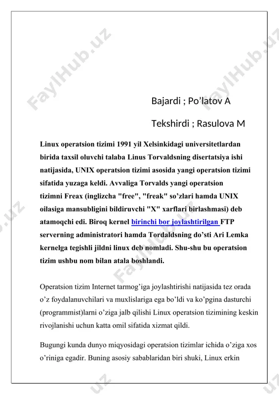 oshlaymiz. hammasi o'yindan boshlangan ekan siz ishonmaysiz, jiddiy va mustahkam yuniks tarixi ken tompson (ken thompson) tomonidan yozilgan, kichik bir o'yindan boshlangan ekan. bu fikrni tushunish uchun o'tmishga nazar tashlash kerak. uzoq 1964 yilda ge-645 rusumli kompyuter uchun yangi "multiks" ( multics) nomli operatsion tizimni yaratish ustida ishlar boshlangan ekan [2]. loyihaning tashabbuschisi "bell laboratories" kompaniyasi bo'lib, unga yordamchi "jeneral elektrik" mashhur kompaniyasi va massachuset texnologik intstituti(mti) bo'lgan. demak, "multiks" operatsion tizimidan nimalar kutilgan? ge-645 ulkan va qimmatbaho kompyuter, uning ishlash vaqti juda qimmatga tushganligi sababli, protsessor vaqtini bo'lib, ko'p foydalanuvchilar birgalikda ishlatishni ta'minlaydigan tizim kerak bo'lgan. multiks" tizimi 1969 yili ishga tushirilgan, lekin bu dasturiy ta'minotga qo'yilgan umidlar o'zini oqlamagan. shu bois ko'p o'tmay "bell laboratories" ushbu loyihani rivojlantirishga bir necha yil sarflaganiga qaramay, uni to'xtatishga qaror qiladi. o'sha payt kompaniyaning to'rt xodimi: rud kenedey(rudd canaday), dag makilroy(doug mcilroy), denis richi(dennis ritchie) va ken tomson(ken tompson) loyihaning berkitilishiga ko'nikmasdan …