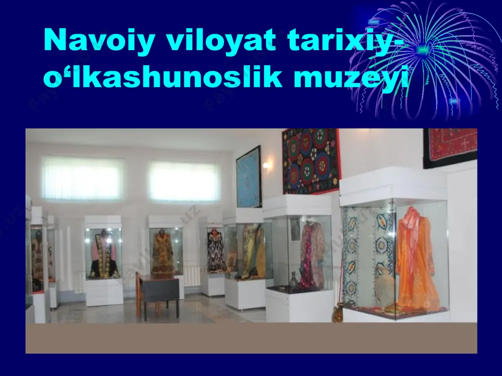 o‘z sirlarini xali batamom ochgan emas. kelajak avlod bu ko‘xna tarix xazinasining kalitini qo‘lga kiritsa ajab emas. zero iskandar zulqarnaynga qarshi o‘rta osiyo xalqlarini mardonavor kurashga otlantirgan so‘gd baxodiri spitamen va uning safdoshlari siymosini yaratib, bobolar ruxini shod etsak degan orzuimiz bor. qiziltepa o'lkashunoslik muzeyi tarixi qiziltepa o’lkashunoslik muzeyi qiziltepa o’lkashunoslik muzeyi image1.jpeg image2.jpeg image3.jpeg image4.jpeg image5.png image6.jpeg image7.jpeg image8.jpeg