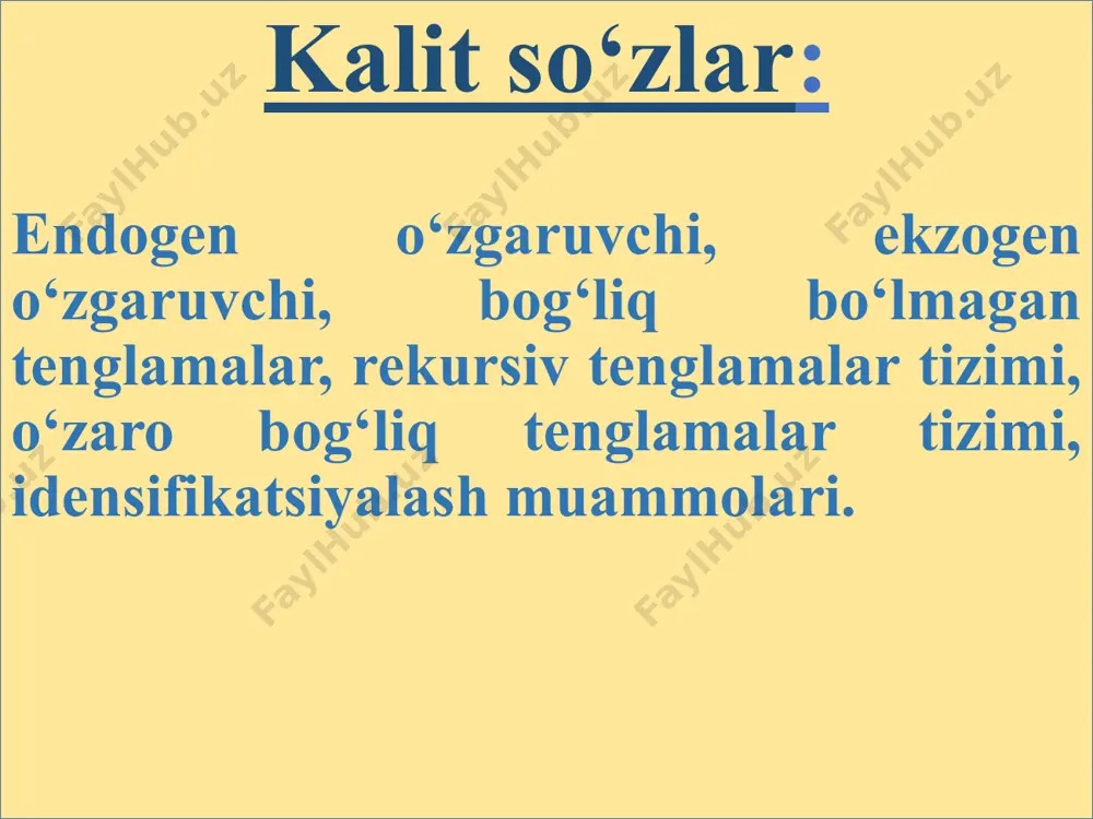 tizimi yordamida tasvirlanadi. ekonometrik tenglamalar tizimining quyidagi turlari ajratiladi. – bog‘liq bo‘lmagan tenglamalar tizimi, bunda har bir bog‘liq bo‘lgan o‘zgaruvchi bog‘liq bo‘lmagan bir xil to‘plam o‘zgaruvchilar larning funksiyasi sifatida ko‘rib chiqiladi: bunday tizimni yaratish va uning parametrlarini topish uchun har bir tenglamaga qo'llaniladigan eng kichik kvadratlar usuli bilan foydalaniladi; rekursiv tenglamalar tizimi, bunda bog‘liq o‘zgaruvchilar , bog‘liq bo‘lmagan o‘zgaruvchilar larning va oldin aniqlangan bog‘liq o‘zgaruvchilar larning funksiyasi sifatida ko‘rsatiladi: tizimning har bir tenglamasi parametrlari, eng kichik kvadratlar usuli yordamida, birinchi tenglamadan boshlab, ketma-ket aniqlanadi. – o‘zaro bog‘liq (qo‘shma) tenglamalar tizimi, bunda bir xil bog‘liq bo‘lgan o‘zgaruvchilar ba’zi tenglamalarda chap tomonga, boshqalarda esa o‘ng tomonga kiradi. bunday tenglamalar tizimi modelning tarkibiy shakli deb ataladi. tarkibiy model o‘zgaruvchilarning ba’zi koeffitsentlari nolga teng bo‘lishi mumkin, bu holat mazkur o‘zgaruvchilarning tenglamada mavjud bo‘lmasligini bildiradi. masalan, narx va ish haqi dinamikasi modeli tarkibiy shakli ko‘rinishida yoritilishi mumkin: bunda: - ish haqi o’zgarishi tempi; - narxlar …