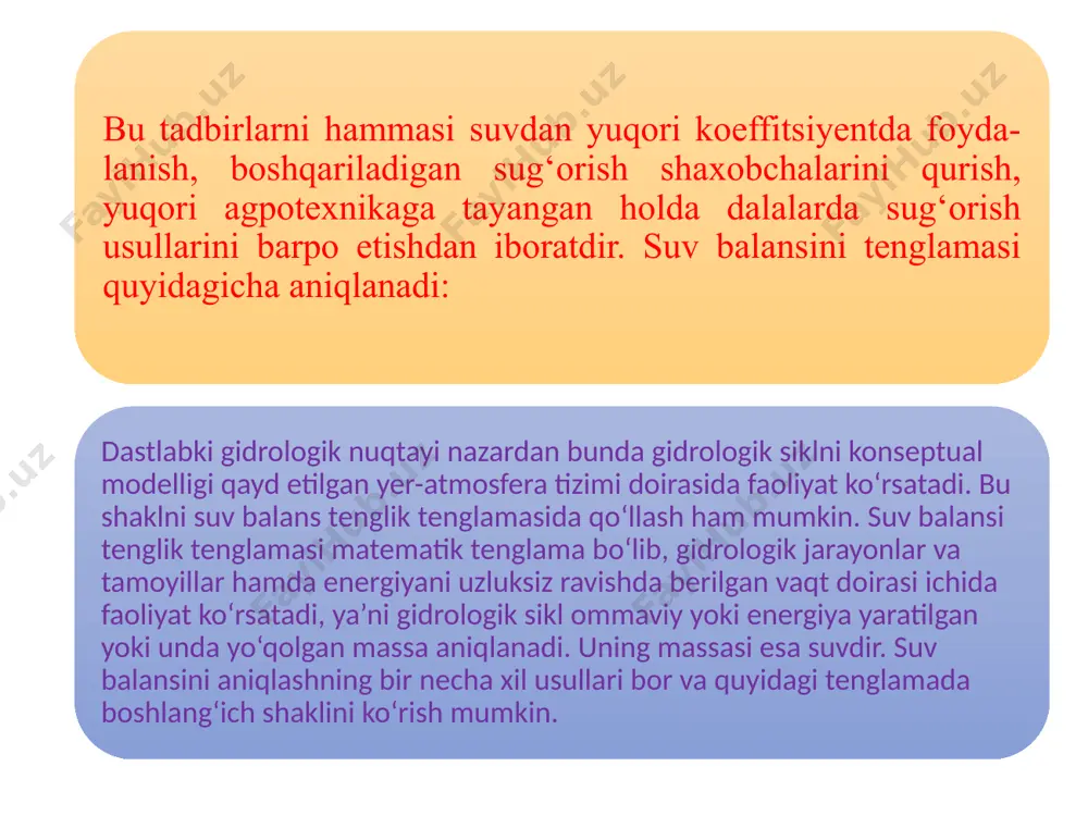lassifi¬katsiyasini yaratdi. endi har bir sug‘orish usulini bir-biridan har qaysi iqlimiy sharoitda farqini biladigan bo‘lak, bu sug‘orish usullari o‘zlarining tabiatdagi tutgan o‘rniga qarab yana bir nechta turlarga bo‘linadi. tuproq ustidan sug‘orish (bostirib sug‘orish) bu usul bilan sug‘oriladigan dala maydonini yoppasiga suv bosadi va suv yerga tikkasiga singadi. jo‘yak yoki egat olib sug‘orilganda esa suv tuproqqa asosan yon tomonlardan singadi. sug‘orish usullari ekinlarning turlariga qarab tanlanadi. sholini sug‘orishda va tuproqlarning sho‘rini yuvishda asosan bostirib sug‘orish usulidan foydalaniladi, beda va donli ekinlar esa taxtalarga bo‘linib sug‘oriladi. poliz ekinlari jo‘yaklar olib sug‘oriladi. g‘o‘za, lavlagi, tok, makkajo‘xorilar va shunga o‘xshash ko‘pchilik ekinlar egat olib sug‘oriladi. suvdan to‘g‘ri samarali foydalanishda hamda sug‘orish tizimiga normal ekspluatatsiya qo‘llashda sug‘orish texnikasi katta ahamiyatga ega. sug‘orish texnikasi: 1. tuproqdagi suv, havo, oziq moddalar, tuz va issiqlik tartibotlarining agrotexnika tadbirlari hamda tuproq unumdorligi bilan to‘g‘ri, bog‘lab sug‘oriladigan ekinlardan mo‘l hosil yetishtirishni ta’minlash. 2. tuproqlarni bir tekisda va kerakli miqdorda namlanishi. …