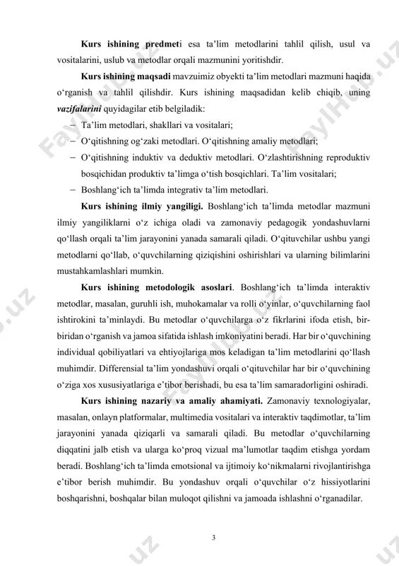 va zamonaviy pedagogik yondashuvlarni qo‘llash orqali ta’lim jarayonini yanada samarali qiladi. o‘qituvchilar ushbu yangi metodlarni qo‘llab, o‘quvchilarning qiziqishini oshirishlari va ularning bilimlarini mustahkamlashlari mumkin. kurs ishining metodologik asoslari. boshlang‘ich ta’limda interaktiv metodlar, masalan, guruhli ish, muhokamalar va rolli o‘yinlar, o‘quvchilarning faol ishtirokini ta’minlaydi. bu metodlar o‘quvchilarga o‘z fikrlarini ifoda etish, bir-biridan o‘rganish va jamoa sifatida ishlash imkoniyatini beradi. har bir o‘quvchining individual qobiliyatlari va ehtiyojlariga mos keladigan ta’lim metodlarini qo‘llash muhimdir. differensial ta’lim yondashuvi orqali o‘qituvchilar har bir o‘quvchining o‘ziga xos xususiyatlariga e’tibor berishadi, bu esa ta’lim samaradorligini oshiradi. kurs ishining nazariy va amaliy ahamiyati. zamonaviy texnologiyalar, masalan, onlayn platformalar, multimedia vositalari va interaktiv taqdimotlar, ta’lim jarayonini yanada qiziqarli va samarali qiladi. bu metodlar o‘quvchilarning diqqatini jalb etish va ularga ko‘proq vizual ma’lumotlar taqdim etishga yordam beradi. boshlang‘ich ta’limda emotsional va ijtimoiy ko‘nikmalarni rivojlantirishga e’tibor berish muhimdir. bu yondashuv orqali o‘quvchilar o‘z hissiyotlarini boshqarishni, boshqalar bilan muloqot qilishni va jamoada …