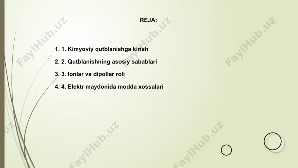 aniladi. 01 02 03 4. elektr maydonida modda xossalari a c d b kimyoviy qutblanish moddaning atom va molekulalari orasida elektr maydon ta’sirida elektronlarning notekis taqsimlanishiga sabab bo‘ladi. bu xossa mumkin bo‘ladi. elektr maydonida qutblanish moddaning dielektrik xossalarini o‘zgartiradi. molekulalar harakati sekinlashadi va bu energiya yutilishiga olib keladi. unlearning turlari moddaning tashqi elektr ta’sirida oldingi qutblanish holatini yo‘qotishi orqali sodir bo‘ladi, bu moddaning yangi holatini yaratadi. 5. unlearning tushunchasi unlearning tushunchasi o‘rganilgan bilim va odatlarni unutish jarayonini anglatadi. bu yangicha fikrlash uchun eski bilimlardan ajralishni talab qiladi. unlearning yordamida kishi noto‘g‘ri qarashlardan voz kechib, to‘g‘ri va zamonaviy bilim asoslarini egallash imkoniyatiga ega bo‘ladi. kimyoviy qutblanish holatida unlearning yondashuvi orqali tizimli o‘zgarishlar amalga oshiriladi va yangi fikrlash uslublari shakllantiriladi. 01 03 02 6. unlearning turlari va misollar unlearning bu o‘rgangan ma’lumotlarni yangidan ko‘rib chiqish va noto‘g‘ri bilimlarni yo‘qotish jarayonidir. bu orqali yangicha fikrlash shakllanadi. unlearning turlariga ongli, avtomatik va reflektiv unlearning …