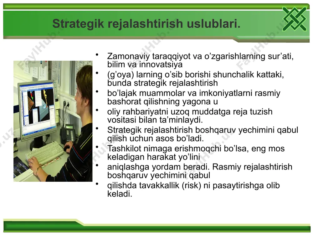 gik maqsadlar va masalalarga erishish yo’llaridagi oraliq maqsadlarni aniqlashdan iborat. bunda masalalarning yechim vositalari va usullari, resurslardan foydalanish, yangi g’oya va texnologiyalarni qo’llash katta aniqlik bilan ishlab chiqiladi. ishlab chiqarishning joriy rejasi-bu oylik, chorak, yarim yillik rejalardir yoki kalendar reja. bu buyurtmalarga qarab tuziladi, resurslar bilan ta’minlanishi, ishlab chiqarish quvvatidan foydalanilish darajasi va har bir buyurtmaning bajarilish muddati hisobga olinadi. taktik va tezkor rejalashtirish ishlab chiqarish bo’linmalarida taktik va tezkor rejalashtirish mavjud. taktik rejalashtirish o’rta muddatli rejalar tuzilishini mo’ljallaydi va strategik g’oyani oydinlashtiradi, uning amalga oshirish usullari va shakllari aniqlanadi. taktik reja doimo tuzatilib turiladi, tashkilot faoliyatini nazariy va amaliy tayyorlash va yuritishdan iborat, shuning uchun odatda tartibga solib turiluvchi reja deyiladi. o’zbekistonda strategik rejalashtirishni tashkil etish. butun investitsiya siyosatida asosiy e’tibor korxonalarni ishlab chiqarishni kengaytirish, qayta qurish va texnika bilan qayta qurollantirish uchun mablag’ qidirib topishga rag’batlantirishga qaratilmog’i lozim. kapital sarflarni mablag’ bilan ta’minlash manbalarining strukturasi o’zgarmoqda. markazlashtirilgan tartibda …