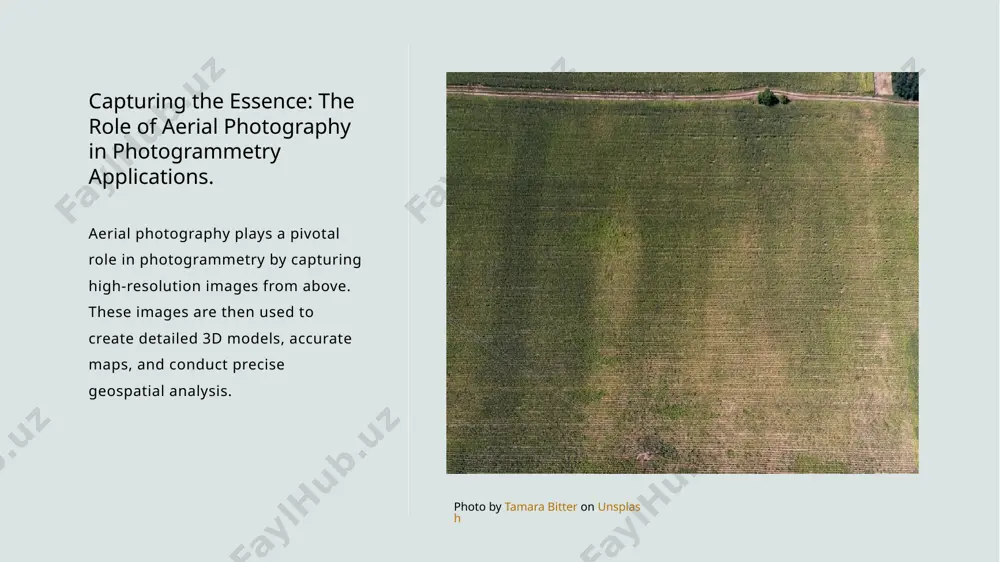 y providing valuable imagery for analysis. geospatial analysis importance geospatial analysis in photogrammetry allows for precise measurements, spatial relationships, and data visualization. it aids in understanding terrain features, environmental changes, and urban planning. applications in photogrammetry utilizing remote sensing for geospatial analysis in photogrammetry enables applications such as land surveying, disaster monitoring, infrastructure development, and precision agriculture. conclusions reflecting on photogrammetry photogrammetry revolutionizes mapping and modeling with precise measurements from photographs, shaping the future of geospatial analysis. embracing aerial perspectives aerial photography in photogrammetry offers a bird's-eye view, unlocking intricate details for accurate mapping and modeling of earth's features. empowering geospatial insights point cloud data and remote sensing techniques elevate geospatial analysis, enabling the creation of intricate 3d models for enhanced decision-making processes. thank you! 1.jpg 2.jpg 3.jpg /docprops/thumbnail.jpeg