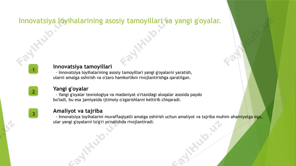 di. innovatsion loyihalar va jamiyat o'rtasidagi bog'liqlik. innovatsion loyihalar jamiyatning rivojlanishida muhim rol o'ynaydi. ular yangi g'oyalar va texnologiyalarni joriy etish orqali iqtisodiy va ijtimoiy o'zgarishlarga sabab bo'ladi. misol uchun, o'zbekistonda qishloq xo'jaligini innovatsion usullar bilan rivojlantirish, mahalliy aholi farovonligini oshirishga yordam beradi. photo by boliviainteligente on unsplash yangi g'oyalar: ijtimoiy o'zgarishlarga ta'siri. innovatsion g'oyalar innovatsion g'oyalar ijtimoiy tizimni yangilashda muhim rol o'ynaydi, yangi xizmatlar va mahsulotlar orqali jamiyatni rivojlantiradi. ijtimoiy o'zgarishlar yangi g'oyalar ijtimoiy o'zgarishlarga olib keladi, bu esa insonlarning hayot sifatini oshirishga, muammolarni hal etishga yordam beradi. muvaffaqiyatli misollar o'zbekistonda raqamli texnologiyalar, masalan, mobil ilovalar orqali ta'lim va sog'liqni saqlashda ijtimoiy o'zgarishlarni keltirib chiqardi, natijada ko'plab odamlar hayotini yaxshiladi. texnologik innovatsiyalar va ularning ijtimoiy qabul qilinishi. 1 innovatsion texnologiyalar innovatsion texnologiyalar, yangi g'oyalar va usullarni o'z ichiga oladi. ular jamiyatda yangilik yaratishda asosiy omil bo'lib, iqtisodiy o'sishga yordam beradi. 2 ijtimoiy qabul qilish texnologiyalar ijtimoiy qabul qilinishi, foydalanuvchilar …