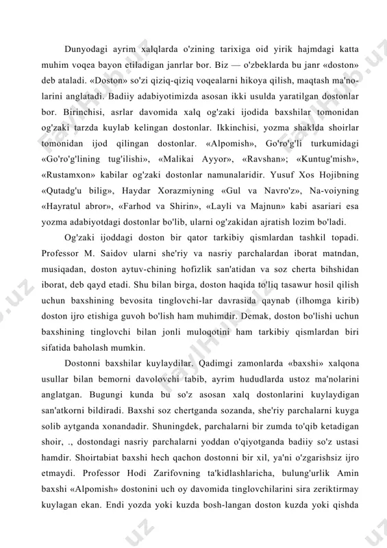 adigan shoir, ., dostondagi nasriy parchalarni yoddan o'qiyotganda badiiy so'z ustasi hamdir. shoirtabiat baxshi hech qachon doston​ni bir xil, ya'ni o'zgarishsiz ijro etmaydi. professor hodi zarifovning ta'kidlashlaricha, bulung'urlik amin baxshi «alpomish» dostonini uch oy davomida tinglovchilarini sira zeriktirmay kuylagan ekan. endi yozda yoki kuzda bosh-langan doston kuzda yoki qishda nihoyasiga yetishini tasawur qilaylik. bir fasl muddatda doston ijro etgan baxshi biron kitobga qaramasdan shuncha gapni va she'riy parchalarni qaerdan topgan? o'sha nusxadagi dostonning hajmi qanday bo'lgan? uch oy zeriktirmay ijro etish uchun naqadar yuksak mahorat egasi bo'lishi kerak o'sha baxshi? bu savollarga beriladigan har bir javob o'zbek dostonchili-gining beqiyos imkoniyatlarini qayta-qayta takrorlaydi, xolos. baxshi doston aytar ekan, «alpomish» dostonida alpomish gapirganida, alpomish mardligini, barchin so'zlaganida go'zal qizning yuzini ko'z oldimizda gavdalan-tiradi. shuning uchun doston kechalari har bir tinglovchi uchun katta bayram bo'lgan. bu kechalarda odamlar o'rtasidagi hamma ginaxonliklar unutilgan, turmush tashvishlari chekingan. yoshu kattalar, erkak-ayollarning butun xayoli dostondagi voqealar bilan …