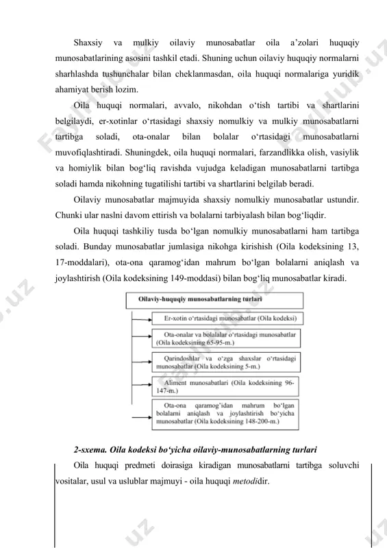 negiz, rahbariy qoidalar tushuniladi. oila huquqi tamoyillarini hisobga olmay uning normalarini to‘g‘ri sharhlab va qo‘llab bo‘lmaydi. oila huquqi tamoyillari nafaqat huquqni qo‘llash amaliyoti uchun, balki, amaldagi oila qonunchiligining mohiyatini anglash hamda uning takomillashtirilishi uchun ham muhim ahamiyatga ega. oila huquqining asosiy tamoyillari quyidagilardan iboratdir: 1. oilaning jamiyat va davlat muhofazasida bo‘lish huquqi tamoyili. bu tamoyil o‘zbekiston respublikasining konstitutsiyasida mustahkamlab qo‘yilgan qoidaga asoslanadi. unga ko‘ra, oila jamiyatning asosiy bo‘g‘inidir hamda jamiyat va davlat muhofazasida bo‘lish huquqiga ega (63-modda). 2. barcha fuqarolar, jinsi, irqi, millati, tili, dini, ijtimoiy kelib chiqishi, e’tiqodi, shaxsi va ijtimoiy mavqeyidan qat’i nazar, qonun oldida tengligi tamoyili. oila huquqida barcha fuqarolar millati, irqidan qat’i nazar teng ekanligi ifodalangan. nikoh tuzish uchun fuqarolarning turli millatga mansubliklari, har xil dinlarga e’tiqod etishlari to‘siq bo‘lmaydi. shuningdek, bolalarni farzandlikka olish uchun farzandlikka oluvchilarning bolalardan boshqa millatga mansubligi ham monelik qilmaydi. shu bois hayotimizda turli millatga mansub fuqarolarning bir oilaga birlashganliklarini ko‘plab uchratish …
