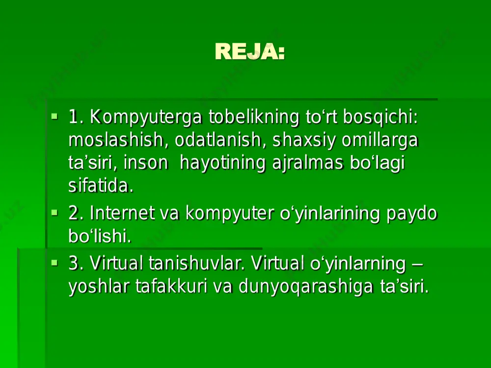 alar ko‘proq foydali hisoblangan harakatli o‘yinlar bilan shug‘ullanishga umuman iziqmay qo‘yadilar. soatlab sichqonchadan foyda- lanish esa barmoqlarning og‘rishiga sabab bo‘ladi, shuningdek, bolaning engashib o‘tirishi uning qomatiga zarar yetkazadi. kompyuterdan foydalanib, bola sensorikani his etmaydi. ikkinchidan • bolaning smartfon va planshet ekranlaridagi obyektlarga tikilib o‘tirishlari ko‘rishdagi muammolarni yuzaga keltiradi. uchinchidan • , planshet va smartfonlardan uzoq vaqt foydalanish bolaning bo‘yin qismida muammolar yuzaga keladi. bola kompyuterda o‘yinlar bilan band bo‘lganida ekranga tikilaverib, kipriklari pirpiraydigan bo‘lib qolishi kabi yomon holatlar paydo bo‘ladi. bolalarda kompyuter va axborot vositalariga sog‘lom qiziqish yoki gadjetlarga qaramlik yuzaga kelayotganligini bola xatti-harakatlarini kuzatish va quyidagi holatlarga e’tibor berish orqali aniqlash mumkin: • bola qancha vaqtini kompyuter o‘yinlari bilan o‘tkazishi. agar bir soatdan ortiq bo‘lsa qaramlik xavfidan tashvishlanish mumkin. • bola kompyuter yoki planshet kabilarsiz ham o‘yinlar bilan shug‘ullana olishi. • bolani ovqatlanish yoki biror boshqa sabablar bilan chaqirilganda kompyuter yonidan ketib, qanchalik tez javob beradi yoki chaqirgan inson …