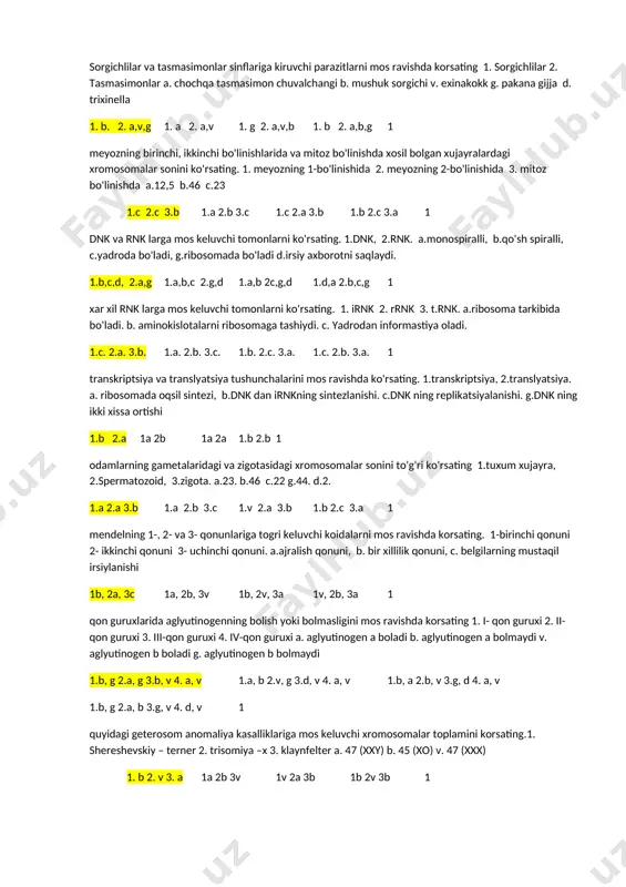 antidiy g. dizenteriya amyobasi d. toksoplazma 1. g. 2. b, 3. a, d. 4. v 1. a 2. b, 3. d 4. v 1. g 2. g, 3. a, d 1. d 2. b, 3. g 4. v 1 xivchinlilar va sporalilar sinflariga mos keluvchi parazitlarni aniqlang 1. xivchinlilar 2. sporalilar a. tripanosoma b. toksoplazma v. trixomonada g. trixinella d. plazmodiy 1. a, v. 2. b, d 1. a, g 2. b, d 1. a, d 2. b, v 1. b, v 2. v, d 1 se-se pashshasi va iskaptoparlar qaysi parazitlarning tashuvchilari ekanligini mos ravishda korsating 1. se-se 2. iskaptopar a. leishmania tropica b. leishmania donovani v. trichomonas vaginalis g. toxoplasma gondii d. tripanosoma gambiense 1. d. 2. a, b 1. v 2. a 1. d 2. a,g 1.v 2. a, b 1 tenioz, teniarinxoz va gimenolepidoz kasalliklarini qozgatuvchilarini mos ravishda korsating 1. tenioz 2. teniarinxoz 3. gimenolepidoz a. …