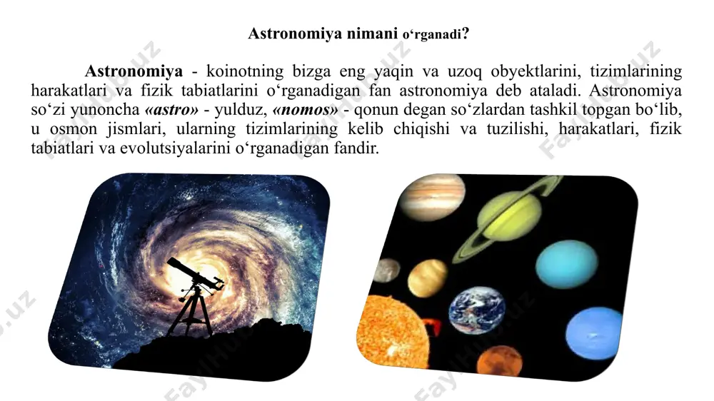 tоrtishish qоnunining оchilishiga zamin tayyorladi. galiley (1564-1642)- birinchi bo’lib teleskopni ixtiro qildi va birinchi bo’lib yupiterning yo’ldoshlarini aniqladi. isaak nyutоn (1643 – 1727) tabiatning eng asоsiy qоnunlaridan biri bo‘lgan butun оlam tоrtishish qоnunini kashf etib, sayyoralarning quyosh atrоfida aylanish sababini tushuntirdi. endilikda kоsmik jismlarning massalarini aniqlash, ularning o‘zarо ta’sirini hisоbga оlish, ko‘rinma harakatlarinigina emas, balki haqiqiy harakatlarini ham o‘rganish imkоniyatiga ega bo‘lindi. xx asr o‘rtalarida spektral analizning kashf etilishi va astronomiyada fotografiyaning qo‘llanishi natijasida astronomiyaning yangi ufqlari ochildi. bu, osmon jismlarining fizik tabiatlarini o‘rganish borasida katta imkoniyatlarni vujudga keltirdi. oqibatda, osmon jismlari va ular sistemal arining fizik tabiatlarini o‘rganish bilan shug‘ullanadigan yangi fan - astrofizikaga asos solindi. astronomiyaning boshqa fanlar bilan aloqasi astronomiya fani boshqa barcha fanlar bilan uzviy bog‘langan. astronomiyaning rivojida, ayniqsa, fizika va matematika fanlarining ahamiyati katta bo‘lgan. astronomiya ham, o‘z navbatida, bu o‘n yilliklarda erishgan yutuqlari bilan fizika va matematika fanlari taraqqiyotiga o‘zining sezilarli hissasini qo‘shib kelmoqda. …