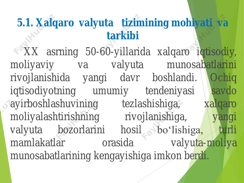 liy valyuta pariteti va valyuta kursi shakllanishining mexanizmi bilan valyuta cheklanishlarining mavjudligi yoki yо‘qligi bilan tashqi iqtisodiy faoliyatda milliy valyuta tizimlarini bog‘lovchi zveno bо‘lib valyuta kursi va valyuta pariteti xizmat qiladi. valyuta kursi alohida mamlakatlarning valyutalariga bо‘lgan nisbati yoki ma’lum bir davlat valyutasining boshqa bir davlatlar valyutasida hisoblangan “narxi”ni namoyon qiladi. valyuta pariteti - valyutalarning ulardagi oltinga mos keluvchi nisbatidir. valyuta kursi amalda hech qachon paritet bilan mos kelmaydi. 5.2. xalqaro valyuta tizimining rivojlanish bosqichlari jahon iqtisodiyotida xalqaro valyuta tizimi dinamik rivojlanib boruvchi tizimdir. u evolyusion rivojlanish bosqichlarda doimo о‘zgaradi va rivojlandi. о‘zining evolyusion rivojlanishida xalqaro valyuta tizimi tо‘rtta xalqaro valyuta tizimlarini о‘zida namoyon qiluvchi tо‘rt bosqichni bosib о‘tgan. xalqaro valyuta tizimida oltin standart deb ataluvchi birinchi tizim stixiyali ravishda xix asr oxirida vujudga keldi. unda qator davlatlarning valyutalari о‘z davlatlarining ichki bozorida erkin ravishda oltinga tenglashtirilgan. oltin standart tizimi quyidagilar bilan ajralib turgan: - valyuta birligi ma’lum miqdorda oltin …