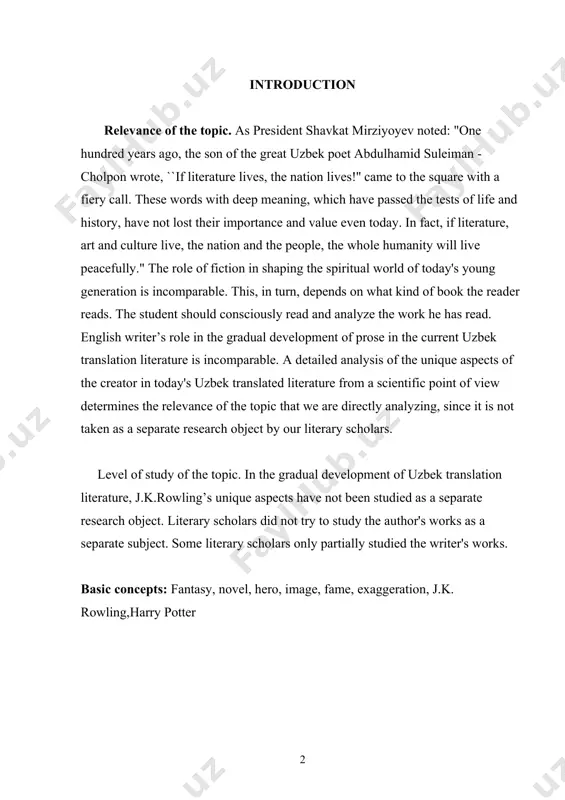 studied as a separate research object. literary scholars did not try to study the author's works as a separate subject. some literary scholars only partially studied the writer's works. basic concepts: fantasy, novel, hero, image, fame, exaggeration, j.k. rowling,harry potter i chapter. a fictional motive in literature 1.1. prose and fiction fantasy or imagination (greek: phantastike - the art of imagining) is a type of artistic art. f. reflection of art and literature in the direction of realism and naturalism. in some places, f. merges with realism. the form of f. is visible in the description of mythological concepts, fairy tales. in the human imagination, the world of surprising imaginary images and events, physical situations, and miracles is depicted in the artistic work, contrasting with reality, the truth of life. the difference of f. from other types and genres of literature and art is that the sphere of his image …