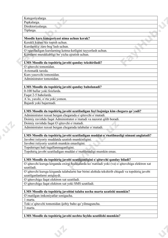 ni murakkabligi bo`yicha ajratish uchun. lms moodle da topshiriq javobi qanday tekshiriladi? o`qituvchi tomonidan. avtomatik tarzda. kurs yasovchi tomonidan. administrator tomonidan. lms moodle da topshiriq javobi qanday baholanadi? 0-100 ballar yoki foizlarda. faqat 2-5 baholarda. a`lo, yaxshi, o`rta yoki yomon. bajardi yoki bajarmadi. lms moodle da topshiriq javobi uzatiladigan fayl hajmiga kim chegara qo`yadi? administrator ruxsat bergan chegarada o`qituvchi o`rnatadi. doimiy ravishda faqat administrator o`rnatadi va nazorat qilib boradi. doimiy ravishda faqat o`qituvchi o`rnatadi. administrator ruxsat bergan chegarada talabalar o`rnatadi. lms moodle da topshiriq javobi uzatiladigan muddat o`rnatilmasligi nimani anglatadi? javobni ixtiyoriy muddatda uzatish mumkinligini. javobni ixtiyoriy uzatish mumkin emasligini. topshiriqni hali tugallanmaganligini. topshiriq javobi uzatiladigan muddat o`rnatilmasligi mumkin emas. lms moodle da topshiriq javobi uzatilganligini o`qituvchi qanday biladi? o`qituvchi kursga kirganda oxirgi hodisalarda ko`rsatiladi yoki (va) o`qituvchiga elektron xat uzatiladi. o`qituvchi kursga kirganda talabalarni har birini alohida tekshirib chiqadi va topshiriq javobi uzatilganlanlarni aniqlaydi. o`qituvchiga faqat elektron xat uzatiladi. …