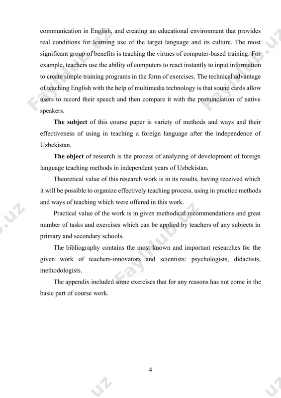 ready for change in the way foreign languages were taught and learned. nevertheless, there was uncertainty on how these changes would be implemented, what kind of changes should be introduced, who would be the initiator of the changes and what people’s reactions would be to the changes in the education sector (jalolov 2013). the reason for uncertainty was due to the fact that for almost a century uzbekistan was under the soviet union and there was not held any consistent reforms in foreign language teaching (jalolov 2013).[footnoteref:1] [1: hasanova, diloromhon. (2007). teaching and learning english in uzbekistan. english today,23(1), 3-9.] the reforms in foreign language teaching in uzbekistan mainly touched upon teaching english language in all levels and stages of education. the start of incorporating english language teaching into the education system of uzbekistan started in 1932 (hasanova, 2007). nevertheless, teaching and learning of english as well as other foreign …