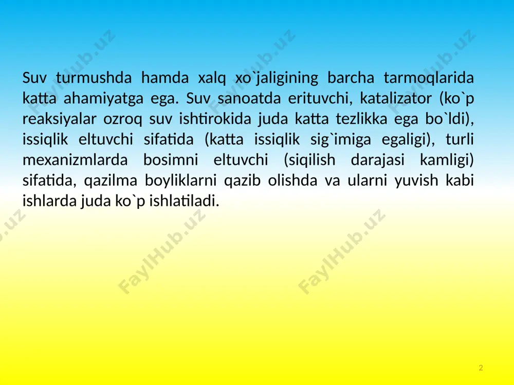 larda ijloji boricha suvni kam ishlatish, ya`ni chiqindi suvlar hosil qilmaydigan “quruq jarayon” larga o`tish masalasi katta ahamiyatga ega. sanoat suvlarini tayyorlash – kompleks operatsiyalardan iborat bo`lib, bunda u zararli qo`shilmalardan (erigan, kaloid va zarracha holdagi) xolos etilib, uning tozaligi ta`minlanadi. asosiy operatsiyalar: suvni mexanik zarrachalardan tindirish; filtrlash orqali tozalash; yumshatish; tuzsizlantirish; neytrallash; gazsizlantirish; zararsizlantirish; tabiiy suv havzalari haqida ma’lumotlarni o’rganish darsda ishlatilgan atamalarning inglizcha tarjimasi va talaffuzini yozib kelish uyga vazifa: 8 dars so`ngida talabalar bilan “harakatlar strategiyasi” hamda internet haqida suhbat o`tkazilib dars yakunlanadi. talabalar turli sovg`alar bilan rag`batlantiriladi. e`tiboringiz rahmat!!! uchun image1.gif image2.png image3.jpeg image4.jpeg image5.png image6.jpeg image7.jpeg image8.gif /docprops/thumbnail.jpeg