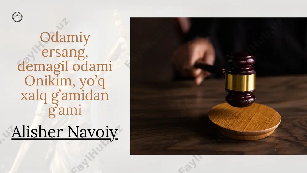‘konlar j is moniy shaxslar tomonidan yurit i l ishini, ular hech qanday tashkilot yoki korxona bo‘la olmasligini tushuntirib berdi. ulgurji savdo bilan shug‘ullanuvchi tadbirkorlar tashkilot emas, ular j ismoniy shaxslar ekanligini isbotlashga harakat qildi . sizningcha, alisherning fikri to‘g‘rimi? uning fikriga nima uchun qo‘shil ish yoki qo‘shilmaslik lozim? hamkorlikda bajaramiz berilgan vaziyatni diqqat bilan o‘qing va savollarga javob bering. izlanishda davom eting 1. shaxs va jamiyat o‘zaro qanday munosabatlarga kirishishi mumkin? 2. siz qachono‘zingizni yetuk shaxs deb hisoblay olasiz? 3. shaxs uchun qadriyatlarning qandayahamiyati bor? 4. shaxs uchune’tiborli bo‘lgan qadriyatlarga misollar keltiring. 5. qanday tarixiyzotlarni “buyuk shaxslar” deb atashimiz mumkin?siz bunday shaxslardan kimlarning nomlarini aytib bera olasiz? 6. shaxsning shakllanishida davlatning qanday ahamiyati bor? 7. shaxs davlatbilan qanday munosabatlarga kirishishi mumkin? 8. jismoniy shaxsbir vaqtning o‘zidayuridik shaxs maqomigaega bo‘la oladimi?nima uchun? e’tiboringiz uchun rahmat!