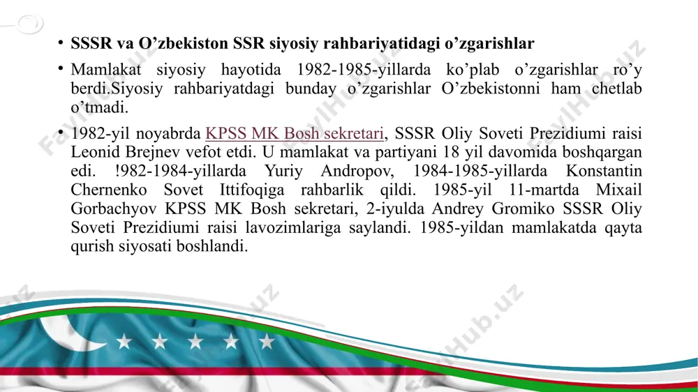 ga yuborilgan edi. o’sha paytda “desantchilar” va 3000 nafardan ortiq tergovchilarga mahalliy rahbarlar va respublika huquq-tartibot organlarining ko’plab xodimlari katta yordam bergan. 1985-1990-yillarda o’zbekistonda “paxta ishi” degan uydirma bo’yicha jami 40 000 kishi tergov qilindi, ularning aksariyati tergov izolyatorlarida prokuror sanksiyasisiz o’tirdi, 5000 nafar kishi esa soxta ayblar bilan jinoiy javobgarlikka tortildi. tergov jarayonida inson huquqlari toptalib, tutqunlarga kismoniy va ruhiy tazyiq o’tkazildi. ularning oila a’zolari va qarindosh-urug’lari ham qamoqqa tashlandi. kadrlarni almashtirish siyosati ayanchli tus oldi. www.presentationgo.com by: .com © presentationgo.com © copyright presentationgo.com – the free powerpoint template library 6 www.presentationgo.com by: .com © presentationgo.com © copyright presentationgo.com – the free powerpoint template library 7 paxta ishining “o’zbek ishi”ga aylantirilishi va mohiyati markaziy matbuotda e’lon qilingan maqolalarda o’zbek xalqi badnom etilib, paxta ishiga ataylab siyosiy tus berildi va u “o’zbek ishi” ga aylantirildi. bu siyosiy kompaniyani o’zbekistonning o’sha paytdagi rahbarlari qo’llab-quvvatlashdi. markazdan yuborilgan kommunistik amalparastlar o’zbekistonning partiya va …
