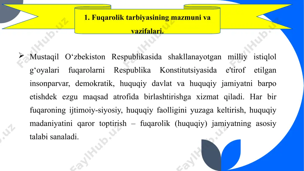 darajadagi fuqarolik madaniyatini shakllantirish, ularni xalq, vatan, jamiyat manfaatlari yo‘lida kurashuvchi fuqarolar etib tarbiyalashga yo‘naltirilgan pedagogik jarayon. fuqarolik tarbiyasining markaziy ob'ekti fuqaro sanaladi. ijtimoiy hayotda fuqarolik madaniyatning shakllanishi uchun zarur shart-sharoitlarni vujudga keltirish: jamiyat va shaxs (fuqaro) manfaatlariga to‘la mos keladi. shu sababli respublika mustaqilligi sharoitida fuqarolik tarbiyasini tashkil etish mazmunini tubdan yangilash zaruriyati yuzaga keldi. fuqarolik tarbiyasini keng ko‘lamli (kompleks) tarzda tashkil etish – bugungi kun da'vati va talabi bo‘lib qolmoqda. ushbu talabni ijobiy ravishda hal etish oila - ta'lim muassasalari - jamoatchilik - davlat - jamiyat o‘rtasidagi mustahkam hamkorlik muhim ahamiyatga ega. 2. fuqaro. fuqarolik va uning mohiyati. fuqaro – fuqaroligi huquqiy jihatdan e'tirof etilgan hamda muayyan jamiyat (davlat) a'zosi bo‘lgan shaxs. o‘z fuqarolariga ega bo‘lish har bir davlatning zarur va muhim belgisi sanaladi. fuqarolarning mavjudligi sababli davlat mavhum tushuncha bo‘lmay, muayyan mexanizmga ega sub'ekt sifatida maydonga chiqadi. huquqiy o‘rni qonun yo‘li bilan kafolatlangan shaxsning davlat ichkarisida yoki …