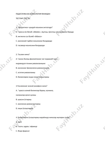 pedagogika va psixologiya fanidan testlar — DOC
