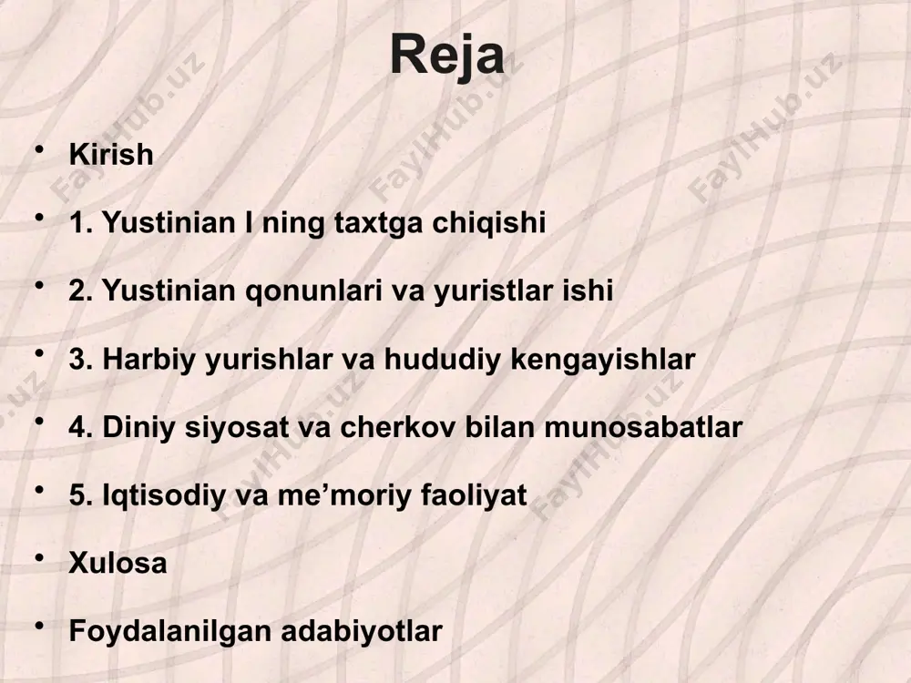 stahkamladi. bu jarayonda u o‘ziga sodiq va malakali amaldorlarni lavozimlarga tayinladi, bu esa boshqaruv samaradorligini oshirishga yordam berdi. yustinian qonunlari va yuristlar ishi “corpus juris civilis” — rim huquqining kodifikatsiyasi:yustinianning eng muhim yutuklaridan biri rim huquqini tizimlashtirish va “corpus juris civilis” (sivil huquq to‘plami) ni yaratish edi. bu ulkan loyiha yustinianning hukmronligi davrida (528–534 yillar) amalga oshirildi va rim huquqining asosiy manbalarini birlashtirishga xizmat qildi. “corpus juris civilis” to‘rtta asosiy qismdan iborat edi: kodeks (codex), digest (digesta), institutlar (institutiones) va novellalar (novellae).kodeks yustinianning buyrug‘i bilan 529 yilda nashr etildi va unda avvalgi imperatorlarning qonunlari jamlangan edi. qonunchilik islohotlarining ahamiyati va ta’siri yustinianning qonunchilik islohotlari imperiya boshqaruvida va ijtimoiy hayotda chuqur o‘zgarishlarni keltirib chiqardi. “corpus juris civilis” huquqiy tizimni markazlashtirdi va imperiyaning turli hududlarida yagona huquqiy normalarni joriy qildi. bu davlat boshqaruvining samaradorligini oshirishga va sud jarayonlarida adolatni ta’minlashga yordam berdi. qonunlarning tizimlashtirilishi sudyalar va amaldorlar uchun aniq yo‘l-yo‘riq bo‘lib xizmat …