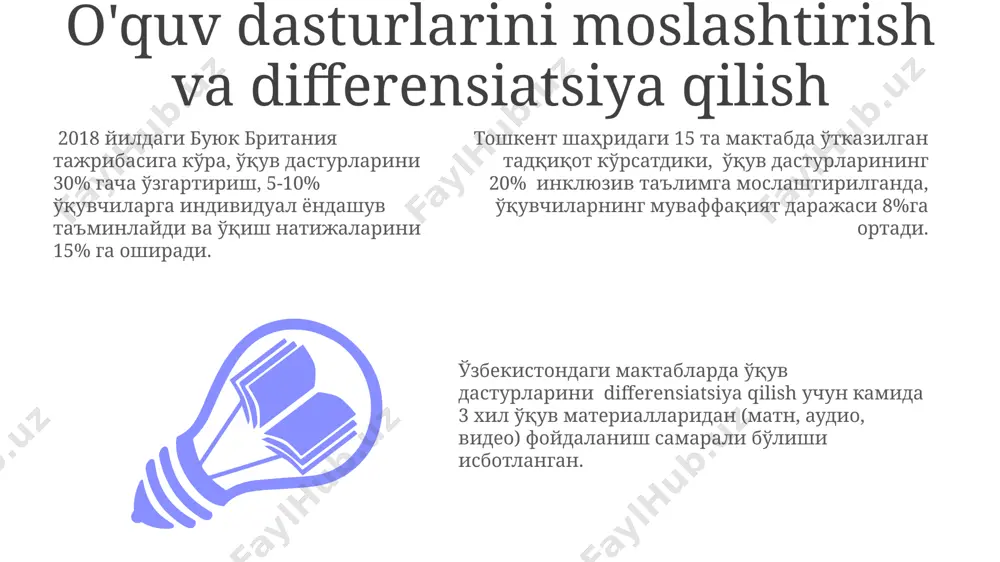 lan, unicef, 2024-yil uchun toshkent shahridagi maxsus ehtiyojli bolalar uchun 10 ta yangi inklyuziv sinf xonalarini jihozlash uchun 100 000 aqsh dollari miqdorida grant ajratishni rejalashtirmoqda. inklyuziv ta'lim muhitini yaratish inklyuziv ta'limning samaradorligi uchun kamida 3 nafar malakali maxsus pedagog va 1 nafar psixologning ishtiroki, shuningdek, samarqand viloyatida qo'llaniladigan qo'shimcha texnologiyalarni o'rganish muhim. inklyuziv ta'lim muhitini yaratishda, 2023-yilgi ma'lumotlarga ko'ra, toshkent shahri maktablarining 70% dan ortig'i o'quvchilarning individual ehtiyojlarini qondirish uchun moslashtirilgan resurslarga ega emas. o'zbekistonning 5 ta hududida o'tkazilgan tadqiqotlar natijalariga ko'ra, inklyuziv ta'lim muhitini yaratishda eng katta to'siq – bu 100 dan ortiq o'quvchiga mo'ljallangan sinflardagi yuqori talabalar soni. inklyuziv ta'limning samaradorligini baholash samarqand viloyatidagi inklyuziv maktablar tajribasida o'quvchilarning bilim darajasini baholash uchun standartlashtirilgan testlar va 5 balldan iborat reyting tizimi qo'llanilmoqda, bu esa o'quv jarayonining samaradorligini aniqlashga yordam beradi. inklyuziv ta'limning samaradorligini baholashda, 2023-yilgi o'zbekiston milliy hisobotlariga ko'ra, 5 yoshdan 10 yoshgacha bo'lgan bolalarning 30 foizi inklyuziv …