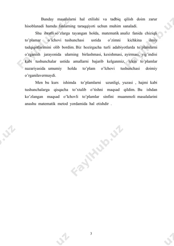 lganda tenglik o‘rinli bo‘lsa, ga o‘lchov deyiladi. boshqacha aytganda, to‘plam funksiyasi quyidagi 1)aniqlanish sohasi yarim halqa, 2)qiymatlari haqiqiy va manfiymas, 3)addativlik shartlarini qanoatlantirsa, unga o‘lchov deyiladi. eslatma. yoyilmadan , ya’ni tenglik kelib chiqadi. 2-ta’rif. agar o‘lchovning aniqlanish sohasi ikkinchi o‘lchovning aniqlanish sohasi da saqlansa va ixtiyoriy to‘plam uchun tenglik o‘rinli bo‘lsa, u holda o‘lchov o‘lchovning davomi deyiladi. teorema. aniqlanish sohasi yarim halqa bo‘lgan har bir o‘lchov uchun aniqlanish sohasi ( ni o‘zida saqlovchi minimal halqa) bo‘lgan yagona davom mavjud. 3-ta’rif. agar sistemada aniqlangan o‘lchov va ixtiyoriy o‘zaro kesishmaydigan sanoqlita to‘plamlar uchun bo‘lganda tenglik o‘rinli bo‘lsa, u holda o‘lchov sanoqli additiv yoki -additiv o‘lchov deyiladi. sodda to‘plam o‘lchovi. aytaylik va lar ixtiyoriy sonlar bo‘lsin. sonlar o‘qida tengsizliklarning istalgan biri bilan aniqlangan to‘plamlar sistemasi berilgan bo‘lsin. bu to‘plamlarni oraliqlar deb ataymiz. xususan, agar yuqoridagi shartlardan biri qanoatlantiruvchi nuqtalar mavjud bo‘lmasa (masalan, ), ya’ni to‘plamni ham oraliq deb ataymiz. bilan sonlar o‘qidagi barcha …