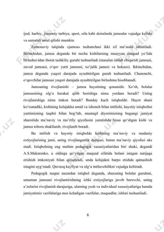 hi, uning a’zolarini rivojlanish darajasiga, ularning yosh va individual xususiyatlariga hamda jamiyatimiz vazifalariga mos keladigan vazifalar, maqsadlar, ishlari tushuniladi. jamoani vujudga keltirish va oʻquvchi-yoshlarni tarbiyalash maqsadi bilan tashkil etiladigan istiqbollar ularning hammasi uchun xarakterli boʻlgan ayrim umumiy xususiyatlarga ega boʻladi: 1. bevosita bolalarning qiziqishiga hamda vazifani bajarish uchun birgalikda jamoa boʻlib kurash olib borishning quvonchli manzarasiga asoslangan ishlarning maroqli boʻlishi; 2. ishlarning iijtimoiy foydali qiymati va ularning butun xalqimiz olib borayotgan kurash bilan bogʻliqligi; 3. istiqbol uchun kurashning borishini aniq tashkil etish; 4. oʻquvchi-yoshlarda konkret axloqiy sifatlarni tarbiyalashda pedagogik maqsadga muvofiqlik. har xil istiqbollarni tashkil etishdagi asosiy metodik usul bolalarni birorta istiqbolga erishish uchun kurashga tayyorlashdan iboratdir. bu tayyorgarlikka ish rejalari, loyihalar va boshqalarni muhokama qilish kiradi. soʻngra istiqbol sari harakat qilishga yordam beradigan amaliy ish bajarilishi lozim. bu ish jamoani tashkil etish va jipslashtirish jarayonidagi eng muhim bosqichlaridan biridir. shunga erishish kerakki, barcha yoshlar umumiy faoliyatda ishtirok etsin va …