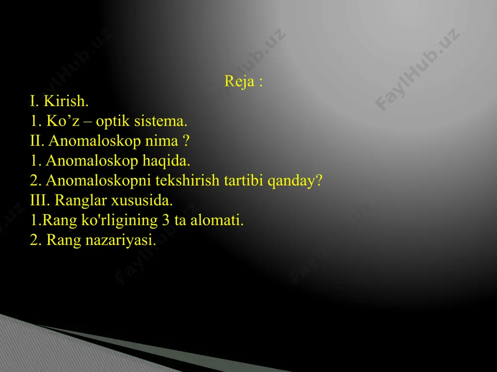 kkita parametrni o'zgartiradi. mos keladigan parametr qiymatlari rangni ko'rish nuqsonining turi va kuchini belgilaydi. anomaloskop uchun ishlatiladigan uchta yorug'likning to'lqin uzunliklari anomaloskop aniqlangan tenglama bilan aniqlanadi. to'rt xili mavjud: rayleigh match - 589 nm (sariq) da sinov nuri va 545 nm (sariq-yashil) va 670 nm (qizil) aralashma chiroqlari. bu qizil-yashil nuqsonlarni tavsiflash uchun ishlatiladi . [1] engelking-trendelenburg o'yini - 490 nm (ko'k) va aralash chiroqlar 470 nm (ko'k) va 517 nm (yashil) da sinov chiroqlari. bu ko'k-sariq kamchiliklarni tavsiflash uchun ishlatiladi . [1] pickford-lakowski match - volfram lampochkasidan sinov nuri va 470 nm (ko'k) va 585 nm (sariq-to'q sariq) chiroqlar aralashmasi chiroqlari. bu ko'k-sariq kamchiliklarni tavsiflash uchun ishlatiladi . [1] moreland match - 436 nm (ko'k) va 490 nm (ko'k) yorug'likdagi aralash chiroqlar. boshqa gugurtlardan farqli o'laroq, sinov nuri yorqinligi sozlangan monoxromatik yorug'lik emas. aksincha, bu 480 nm (ko'k-ko'k) yorug'lik va uning qo'shimcha rangi 580 nm (sariq) ning dikromatik aralashmasi. …