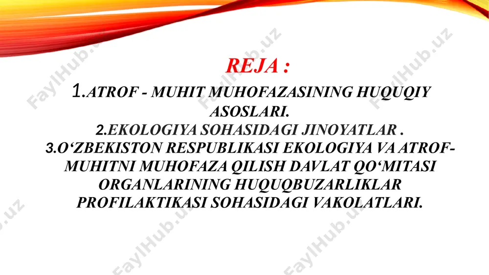 rini va ularga imkon berayotgan shart-sharoitlarni aniqlaydi, bartaraf etadi; tabiatni muhofaza qilish sohasida huquqbuzarlik sodir etgan shaxslarning hisobini yuritadi, mazkur ma’lumotlarning tahlilini amalga oshiradi; huquqbuzarliklar profilaktikasini bevosita amalga oshiruvchi va unda ishtirok etuvchi boshqa organlar hamda muassasalar bilan o‘zaro hamkorlik qiladi. e’tiboringiz uchun rahmat! image2.png image1.png /docprops/thumbnail.jpeg