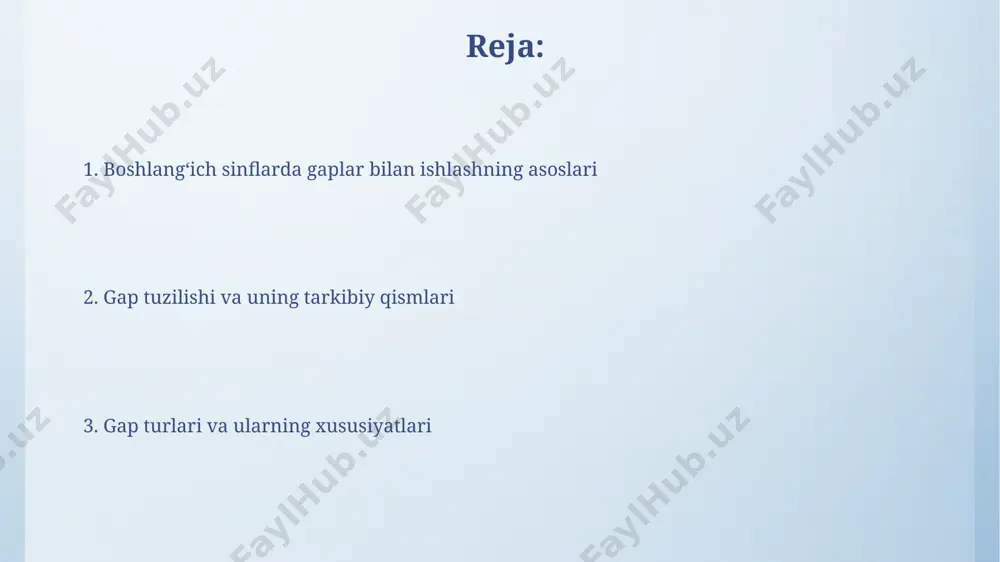 ularning tuzilishini, kesim va boshqa gap boʻlaklarini aniqlashga oʻrgatish, toshkent shahridagi pedagogika universitetlari tomonidan tavsiya etiladi. boshlangʻich sinflarda, 1-4 sinf oʻquvchilari uchun 5-7 soʻzdan iborat sodda gaplarni tuzish va tahlil qilish koʻnikmalarini rivojlantirish samarqand viloyati maktablarida muhim ahamiyatga ega. soʻroq gaplar soʻroq gaplarida intonatsiyaning ahamiyati katta: 4 yoshli bolalarga savol intonatsiyasi bilan gapirishni oʻrgatish, undan keyin 1-sinfda yozma ravishda soʻroq belgisini qoʻyishni tushuntirish samarali boʻladi. samarqanddagi maktablarda ushbu usul qoʻllanilmoqda. boshlangʻich sinflarda soʻroq gaplarni oʻrgatishda, 5-7 yoshli bolalarga 2 ta asosiy soʻroq olmoshlari (“kim?”, “nima?”) va 3 ta fe’l shakli (“bor”, “yoʻq”, “qilyapti”) orqali oddiy soʻroq gaplar tuzishni oʻrgatish muhim, masalan, “kim toshkentda yashaydi?” kabi. yangi gaplar tuzish navoiy viloyatida 3-sinflarda yangi gaplar tuzish mavzusida, o'quvchilar 10 ta turli mavzularda kamida 30 ta yangi gap tuzish topshirig'ini bajarishlari kerak. yangi gaplar tuzishda fe'lning o'rni muhim bo'lib, 2-sinf o'quvchilari fe'lni gapning o'rtasiga yoki oxiriga qo'yishni toshkentdagi amaliy mashg'ulotlar orqali o'rganishadi. gapning …