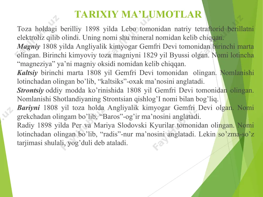 2[be(co3)2]. magniy oksidi va gidroksidi magniy oksid mgo – oq kristall modda. nacl tuzilishiga o’xshash kristall panjaraga ega. suyuqlanish tem= 2640°с, qaynash tem= 3600°с. mgo + h2o = mg(oh)2; mgo + co2 = mgco3; mgo + h2so4 = mgso4 +h2o. 2mg + o2 = 2mgo; mgco3 = mgo + co2. mg(oh)2 = mgo + h2o. mg(oh)2 + 2hcl = mgcl2 + 2h2o; mg(oh)2 + co2 = mgco3 + h2o; 3mg(oh)2 + 2fecl3 = 2fe(oh)3 + 3mgcl2; mg(oh)2 + 2nh4cl = mgcl2 + 2nh3 + 2h2o. mgso4 + 2naoh = mg(oh)2 + na2so4. kaltsiy oksidi va gidroksidi. kaltsiy oksidi саo (so’ndirilmagan oxak) – oq kristall modda. nacl tuzilishiga o’xshash tuzilishga ega. suyuqlanish temp= 2627°с, qaynash temp=2850°с. саo + h2o = са(oh)2; саo + so2 = caso3; cao + 2hcl = cacl2 +h2o. 2ca + o2 = 2cao; 2ca(no3)2 = 2cao + 4no2 + o2. са(oh)2 = саo + h2o. ca(oh)2 + …