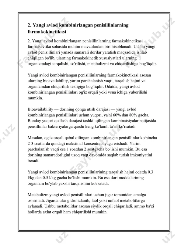 an, nafas yo'llari, siydik yo'llari, teri va yumshoq to'qima infeksiyalari. amoksitsillin keng ta'sirga ega antibiotik bo'lib, klavulanik kislota esa beta-laktamazlar bilan bog'lanib, amoksitsillinni himoya qiladi. amoksitsillin va klavulanik kislotaning turli kombinatsiyalari mavjud bo'lib, ularning dozalari odatda 250/125 mg, 500/125 mg yoki 875/125 mg shaklida berilishi mumkin. 2. **ampitsillin/sulbaktam kombinatsiyasi**: bu kombinatsiya ham tez-tez ishlatiladi. ampitsillin beta-laktam antibiotiklar turkumiga kiradi va sulbaktam uning ingibitori sifatida qo'llaniladi. ushbu kombinatsiya ko'pincha parenteral yo'l bilan yuboriladi va turli bakterial infeksiyalar uchun ishlatiladi. odatda dozalar 1/0.5 g, 2/1 g shaklida qo'llaniladi. 3. **piperatsillin/tazobaktam kombinatsiyasi**: bu kombinatsiya asosan jiddiy va murakkab infeksiyalar uchun ishlatiladi, masalan, kasalxonada davolanayotgan bemorlarda rivojlanadigan infeksiyalar. piperatsillin keng spektrli antibiotik bo'lib, tazobaktam esa uning beta-laktamaz antagonistidir. ushbu formulalar odatda 4/0.5 g dozalarda mavjud. beta-laktamaz ingibitorlarining asosiy maqsadi bakteriyalar tomonidan ishlab chiqariladigan beta-laktamaz fermentlarini ingibitsiya qilish va shu bilan antibiotiklarning bakterial hujayra devor sintezini buzish ta'sirini kuchaytirishdir. bu dori vositalari antibiotiklarga rezistentlikni engishda …