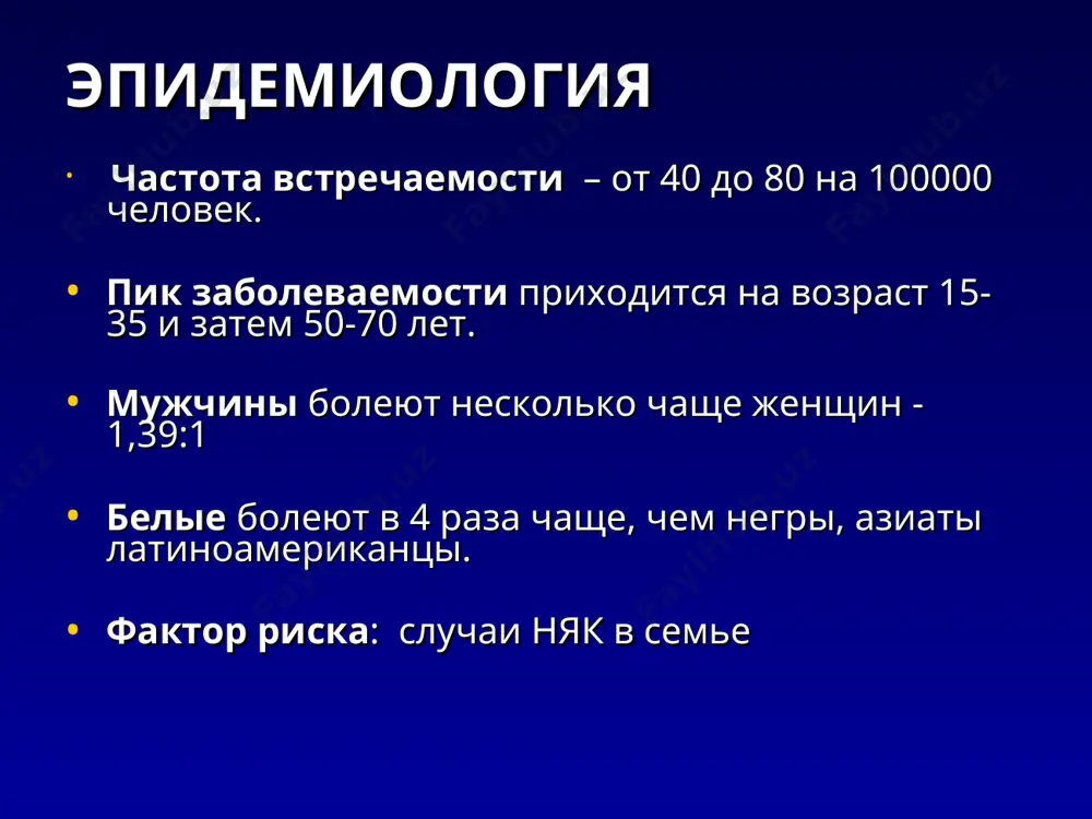 i umenshayutsya posle nego. pri tyajelom i\ili dlitelnom techenii nyak poyavlyayutsya priznaki sindroma malabsorbtsii. vnekishechnie simptomi (chasto) porajenie sustavov: artralgii melkix sustavov, artriti krupnix sustavov, ankiloziruyushiy spondiloartroz i sakroileit. porajenie koji i slizistix: uzlovataya eritema na razgibatelnoy poverxnosti goleney; multiformnaya eritema; dermatit; urtikarnie visipaniya; aftozniy stomatit. gangrenoznaya piodermiya, oslojnennaya septitsemiey (pri tyajelom techenii). troficheskie yazvi nijnix konechnostey. porajeniya glaz: kon'yunktivit, uveiti, iridotsikliti, episkleriti, katarakta, yazvi rogovitsi, nevrit zritelnogo nerva. porajenie pecheni i jvp: jirovoy gepatoz, tsirroz pecheni, pervichniy skleroziruyushiy xolangit. osteoporoz. vnekishechnie simptomi (redko) autoimmunniy tireoidit autoimmunniy gepatit autoimmunnaya gemoliticheskaya anemiya i trombotsitopeniya amiloidoz psoriaz vnekishechnie proyavleniya yak autoimmunnie, svyazannie s aktivnostyu zabolevaniya - artropatii (artralgii melkix sustavov, artriti krupnix sustavov) porajenie koji (uzlovataya eritema; gangrenoznaya piodermiya) porajenie slizistix (aftozniy stomatit) porajeniya glaz (uveit, irit, iridotsiklit, episklerit) drugoe autoimmunnie, ne svyazannie s aktivnostyu zab-iya pervichniy skleroziruyushiy xolangit, perixolangit ankiloziruyushiy spondiloartrit, sakroileit (redko) seronegativniy revmatoidniy artrit psoriaz drugoe obuslovlennie dlitelnim vospaleniem …