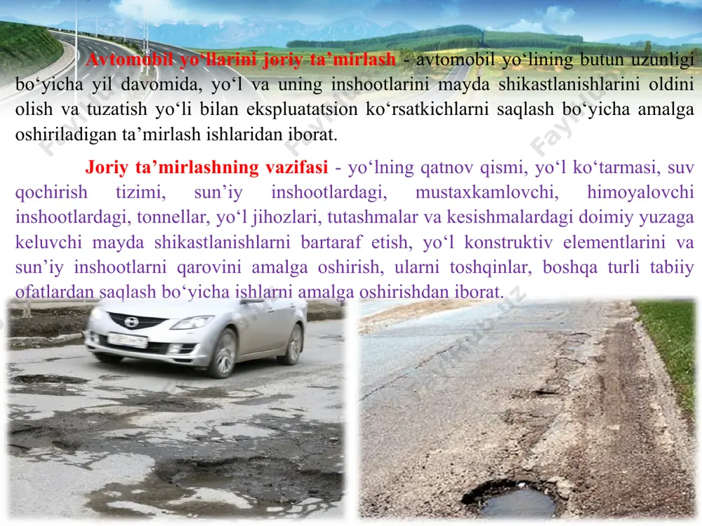 izlarini, qoplamaning chetini sinig‘i va notekisliklarni bartaraf qilish ishlari kiradi. bu ishlarga bahorning iliq kunlari boshlangandan keyin kirishiladi. ishlarni shunday tashkil etish kerakki, barcha nuqsonlar qisqa muddatlarda bartaraf etilishi lozim. joriy ta’mirlashda yoriqlar erta bahor va kuzda amalga oshiriladi. yozda esa ertalabki salqinda bajariladi. chunki yoriqlar bu paytda kengroq ochilgan va quruq bo‘ladi. yoriqlar keng va chuqur bo‘lsa, chuqurga mastika quyilib, bitum va mastika yoriq ichini yaxshi to‘ldirishi va devorlarga yaxshi yopishishi kerak, shunda qoplama ichiga suv o‘tmaydi. avtomobil yo‘llari va yo‘l inshootlarini joriy ta’mirlash vaqti-vaqti bilan o‘tkaziladigan texnik ko‘riklar natijalari asosida joriy ta’mirlash smetalarida nazarda tutilgan mablag‘lar xisobiga amalga oshiriladi. bahorda kunlar isishi bilan qoplamadagi sho‘ralash, uvalanish, o‘yiq, yoriq, alohida to‘lqinlar, o‘ydim-chuqur, do‘ngliklar, sinishlar va qoplama qirg‘og‘ining noravonliklari kabi mayda shikastlanishlar bartaraf qilinadi. qoplamani yemirilishdan saqlash uchun transport oqimi jadalligi va tezligini pasaytirish orqali erishish mumkin. organik bog‘lovchilar bilan ishlov berilgan asfaltobeton - chaqiqtosh va mayda toshli qoplamalar bilan …