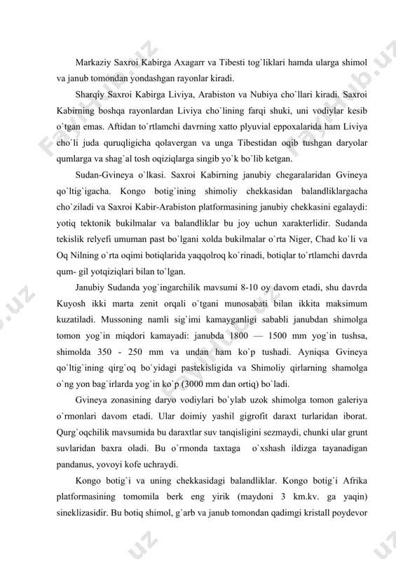 berk eng yirik (maydoni 3 km.kv. ga yaqin) sineklizasidir. bu botiq shimol, g`arb va janub tomondan qadimgi kristall poydevor antiklizalari halqasi, yaoni bir necha marta peneplenlashish natijasida tekislangan yassi tepali balandliklar: shimolda azande balandligi, g`arbda janubiy gvineya balandligi, janubda lunda-katanga balandligi bilan o`ralgan. kongo botig`i eng qadimgi (kembriydan oldingi) poydevori asosan kontinental svitalar bo`lgan qalin svitalar bilan ko`milgan. bu svitalarning to`planishi yuqori paleozoyda boshlanib, uchlamchi davr oxirida janubiy afrikadagi kalaxari qumlariga o`xshash qumlarning to`planishi bilan tugagan. azande balandligi - dengiz satxidan 900 — 1000 m yuqori. u qadimgi kristall jinslardan tuzilgan peneplen bo`lib, qoldiq granit massivlari bor. g`arbda azande balandligi zina shaklidagi kamerun tog`ligiga qo`shiladi. bu tog`likka qadimgi negiz shimoli- sharqiy yunalishdagi razlom bo`ylab lava bilan qoplangan. kamerun vulkani ham o`sha razlomda paydo bo`lgan. kamerun vulkani qirg`oq bo`yidagi pastekislikdagi tog`lik qarshisida tanxo qad ko`tarib turadi. janubiy gvineya balandligi. kongo botig`i ustidan zina-zina bo`lib ko`tariladi. janubiy gvineya balandligi ayrim massivlari bo`lak-bo`lakligi …