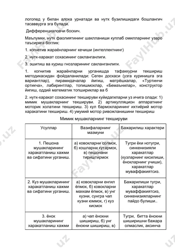 луксиз текширувлари мухим хисобланади . сухбат мактабгача ёшдаги болада (3-7 ёш) утказилиб, бу оркали логопед у билан алока урнатади ва нутк бузилишидаги бошлангич тасаввурга эга булади. дифференциаловчи боскич. маълумки, нутк фаолиятининг шаклланиши куплаб омилларнинг узаро таъсирига боглик: 1. когнетив жараёнларнинг кечиши (интеллектнинг) 2. нутк-харакат сохасининг сакланганлиги. 3. эшитиш ва куриш гнозларининг сакланганлиги. 1. когнитив жараёнларни урганишда тафаккурни текшириш методикасидан фойдаланилади: сеген доскаси (узга куринишга эга вариантлар), пирамидачалар йигиш, матрёшкалар, «туртинчи ортикча», лабиринтлар, топишмоклар, «бемаънилар», конструктор йигиш, оддий математик топшириклар ва б 2. нутк-харакат сохасининг текшируви куйидагиларни уз ичига олади: 1) мимик мушакларнинг текшируви. 2) артикулляцион аппаратнинг моторик холатини текшириш. 3) кул бармокларининг ихтиёрий мотор харакатини текшириш. 4) умумий мотор ривожланишини текшириш мимик мушакларнинг текшируви усуллар вазифаларнинг мазмуни бажарилиш характери 1. пешона мушакларининг харакатланиш хажми ва сифатини урганиш. а) ковокларни солмок, б) кошларни кутармок, в) пешонани тириштирмок тугри ёки нотугри, синкенизияли харакатлар (кузларнинг кисилиши, ёнокларнинг учиши), харакатлар муваффакиятсиз. 2. куз мушакларининг …